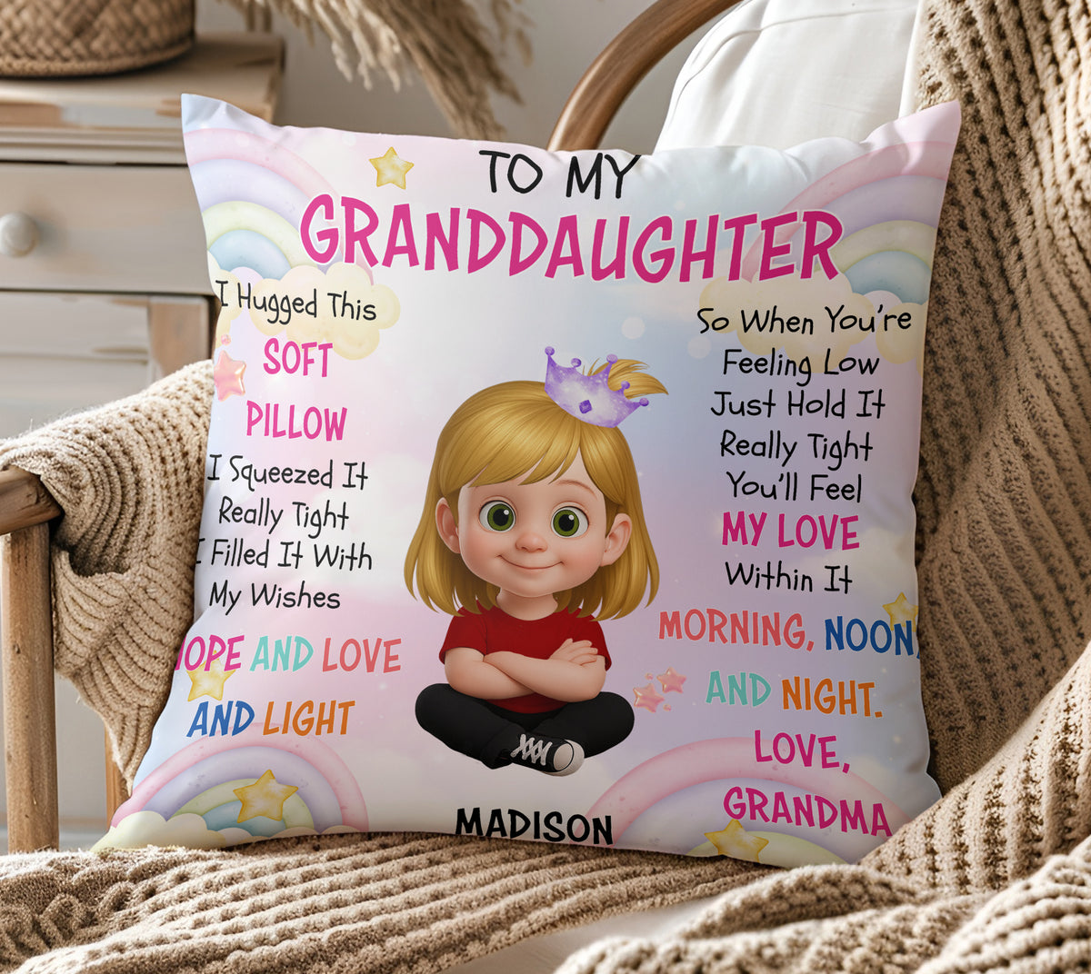 Custom pillow for granddaughter on a wicker chair with knit throw, featuring cute cartoon girl and colorful typography.
