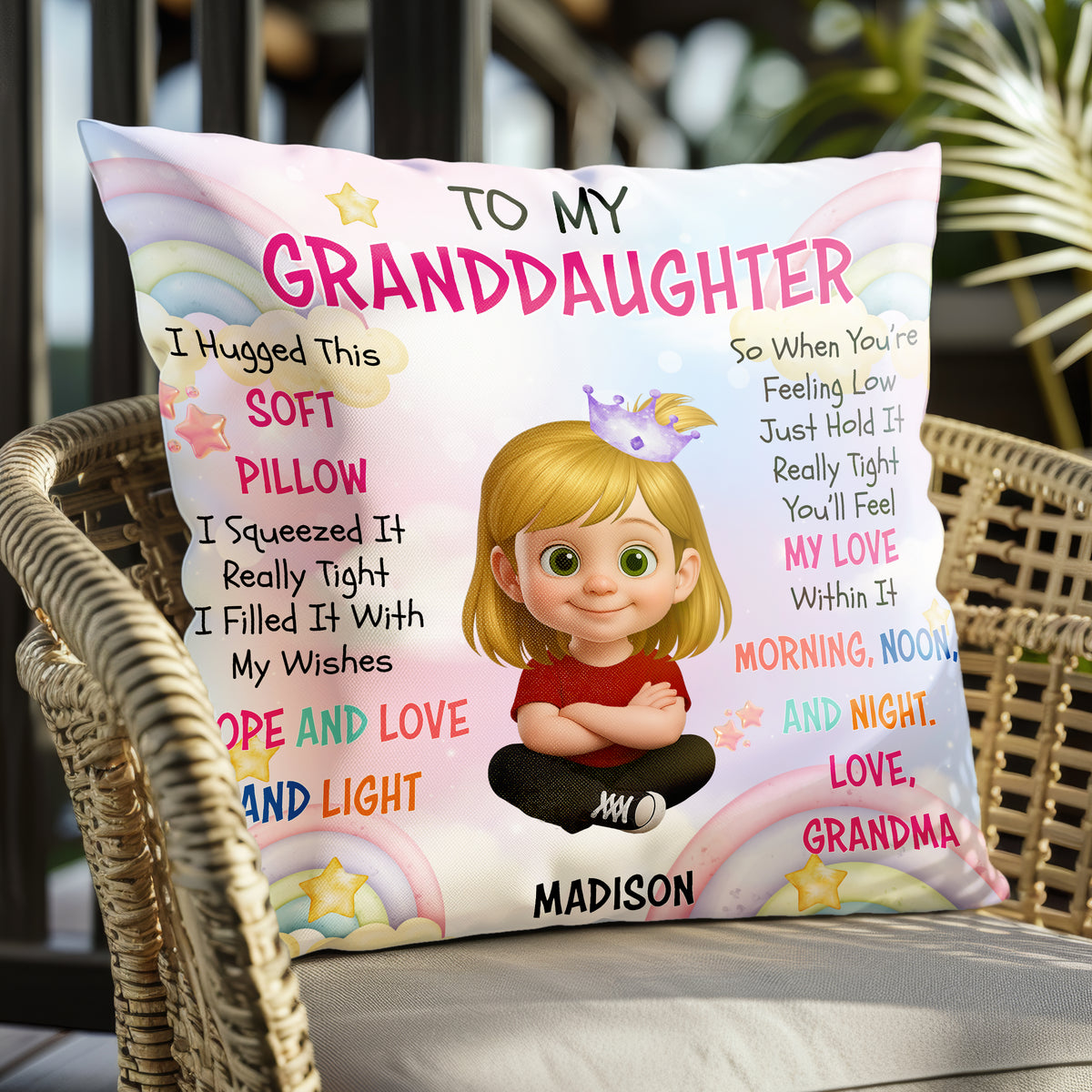 Personalized pillow for granddaughter on a patio chair, bright daylight, pastel rainbow design with cartoon girl.