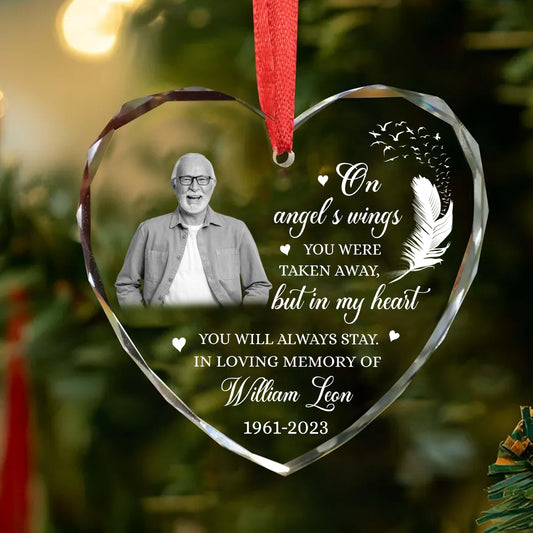 Personalized Ornament Memorial On Angel's Wings You Were Taken Away, But In My Heart Glass Ornament Holiday Decorations - LuthCreative