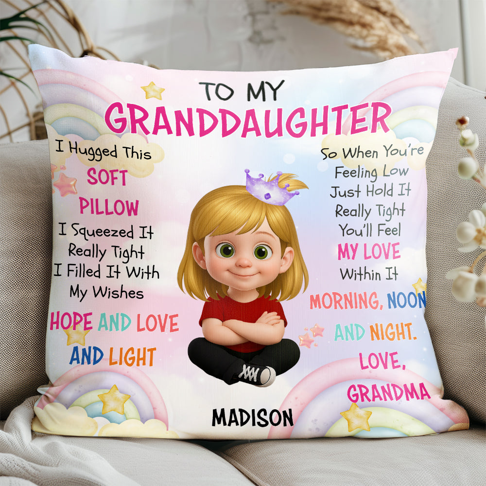 Custom flannel pillow for granddaughter on a neutral couch, pastel rainbow background with stars and cartoon girl.