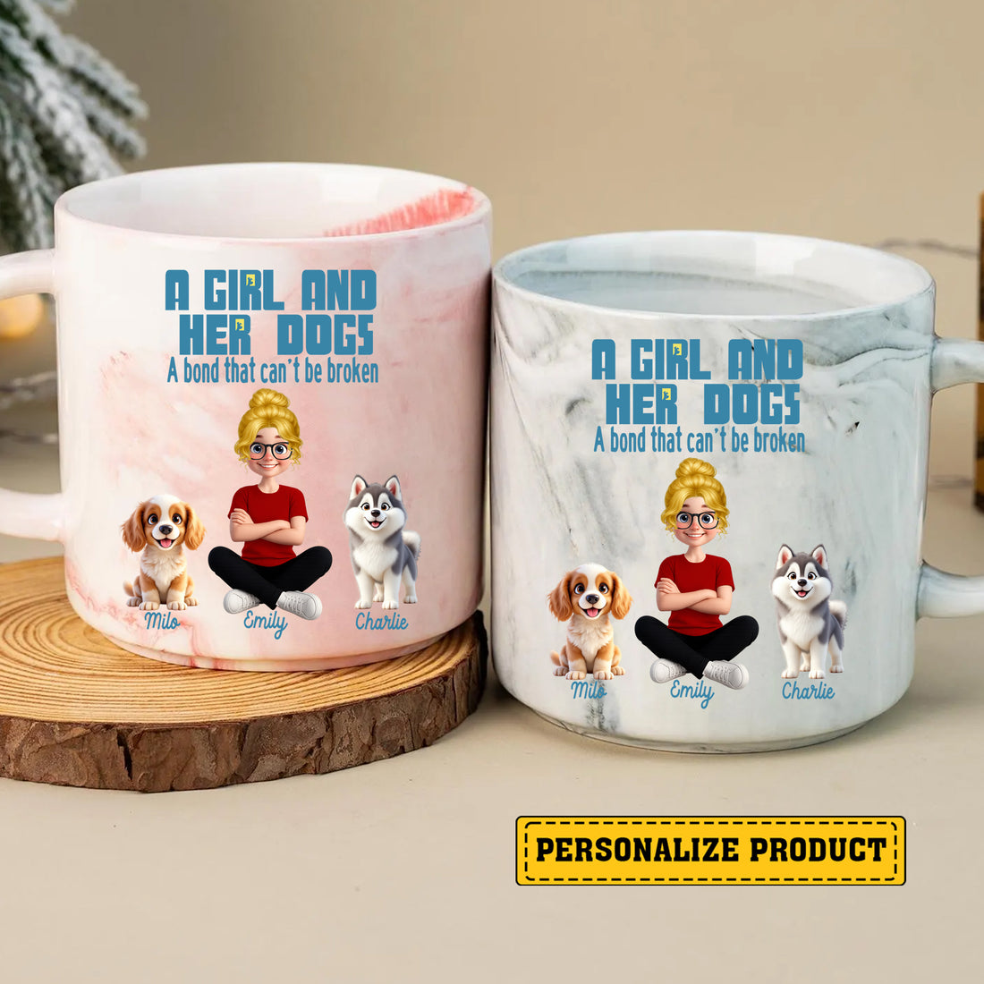 A Girl And Her Dogs A Bond That Can't Be Broken - Personalized Marble Mug