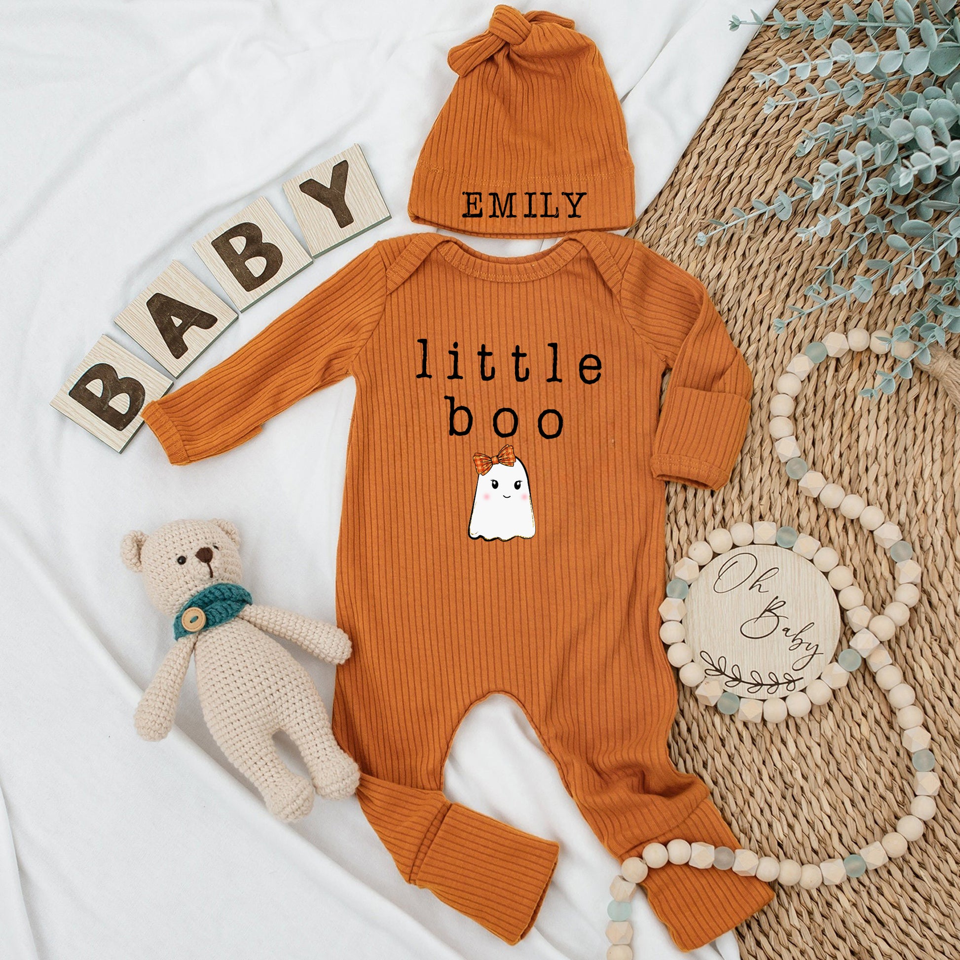 Custom Set Baby Bodysuit and Hat, Little Boo Newborn Set, Personalized Custom Baby Set - Gift For Baby - LuthCreative