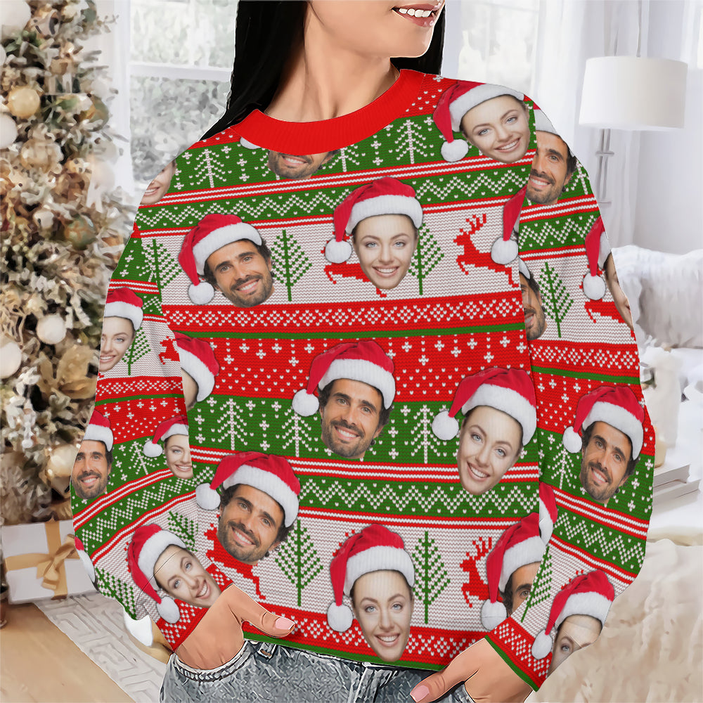 Close-up of the custom face crewneck sweatshirt showcasing festive holiday prints, reindeer, and personalized family photo