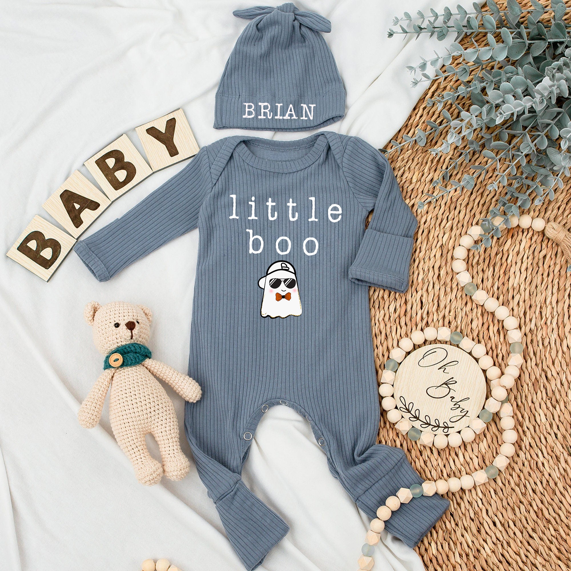 Custom Set Baby Bodysuit and Hat, Little Boo Newborn Set, Personalized Custom Baby Set - Gift For Baby