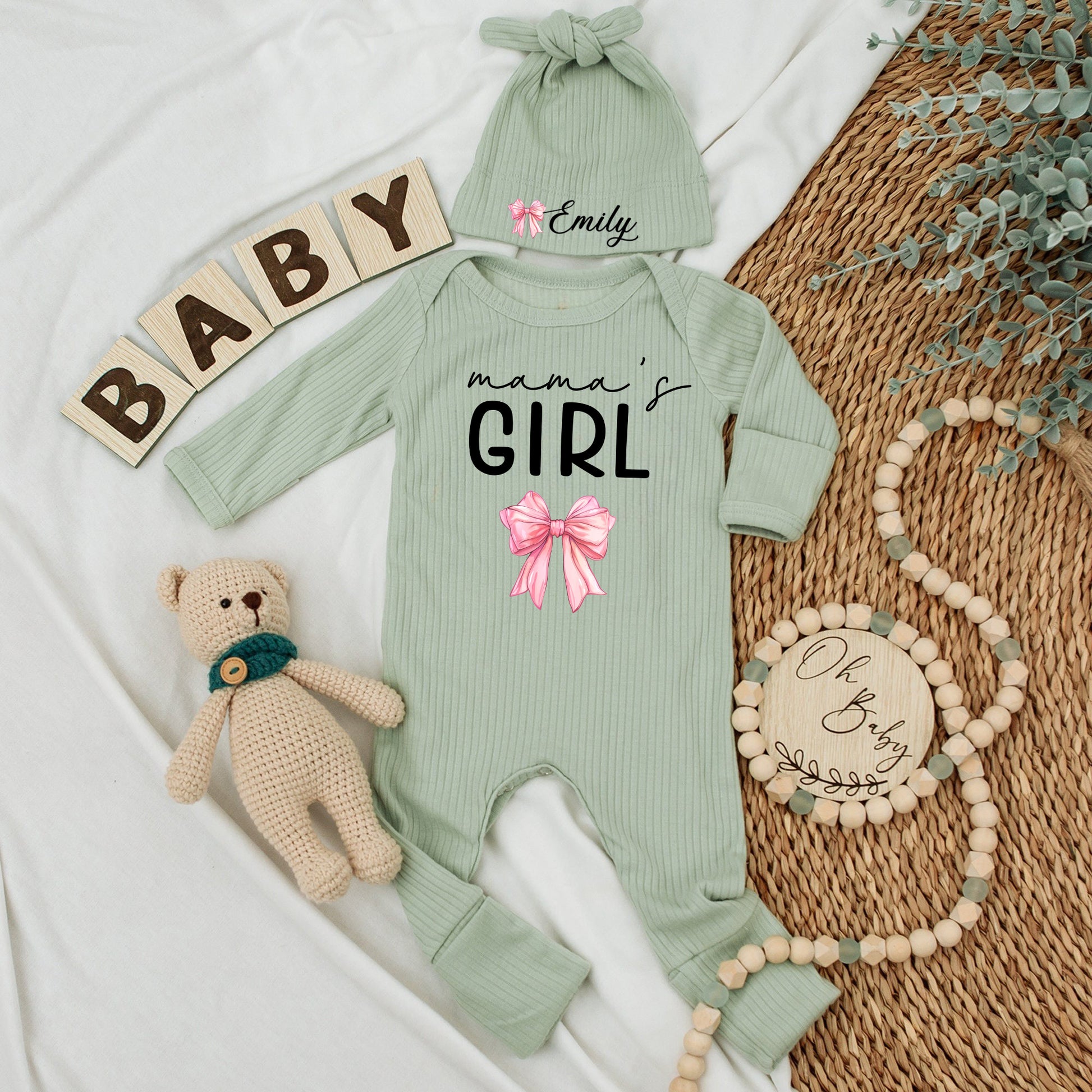 Custom Name Baby bodysuit and Hat set, Newborn set, Baby Shower Gift , Long Sleeve Bodysuit, Baby Announcement Outfit - LuthCreative