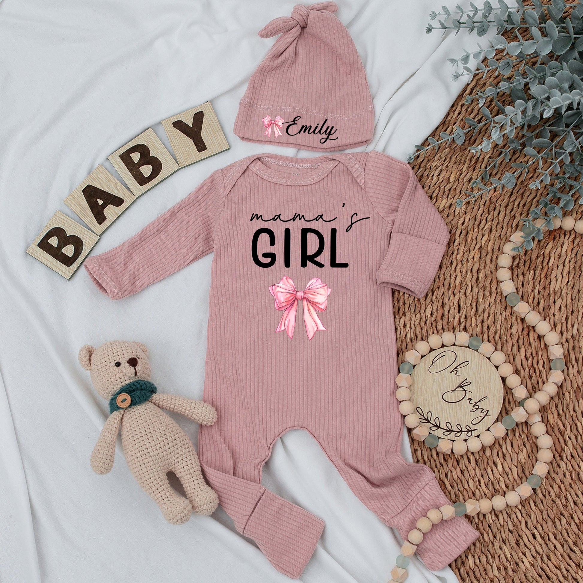 Custom Name Baby bodysuit and Hat set, Newborn set, Baby Shower Gift , Long Sleeve Bodysuit, Baby Announcement Outfit - LuthCreative