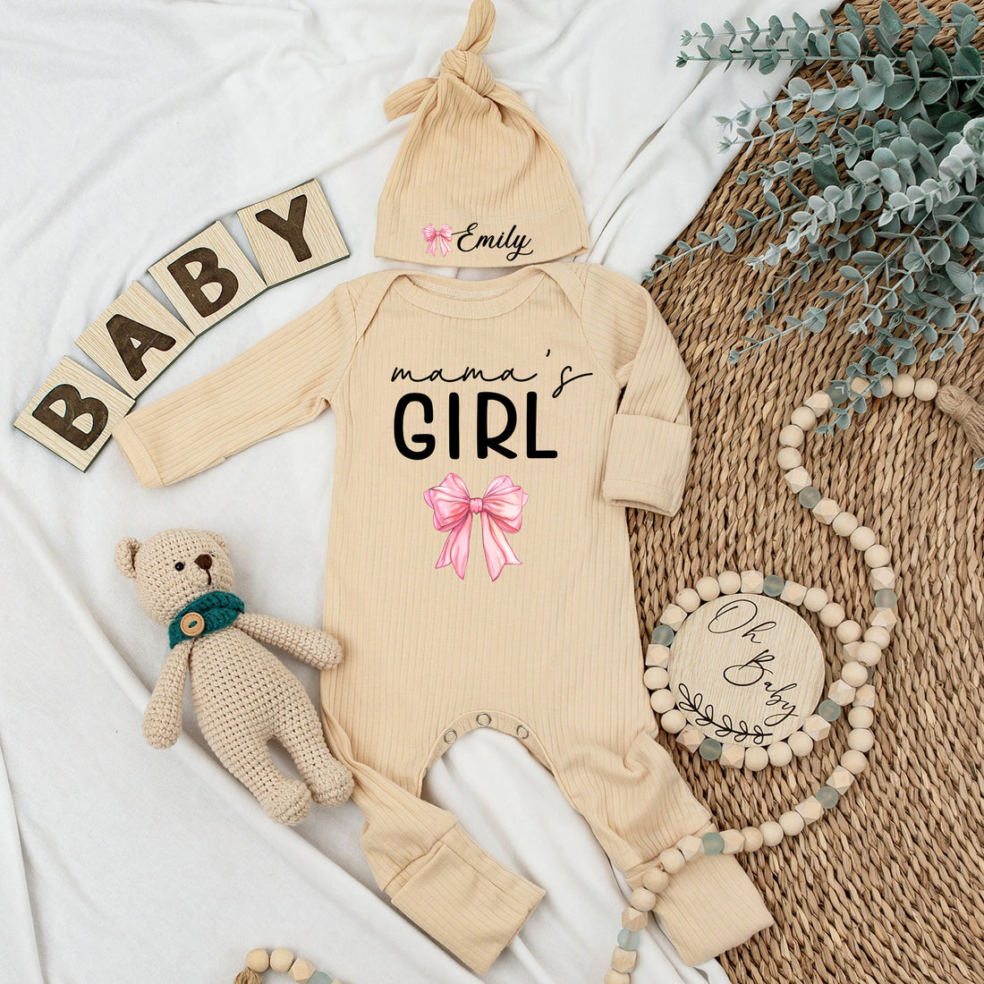 Custom Name Baby bodysuit and Hat set, Newborn set, Baby Shower Gift , Long Sleeve Bodysuit, Baby Announcement Outfit - LuthCreative