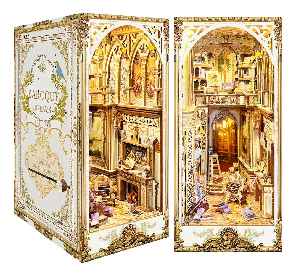 Packaging and assembled view of the Mini Baroque Library Dreams DIY book nook kit showing exterior graphics and illuminated