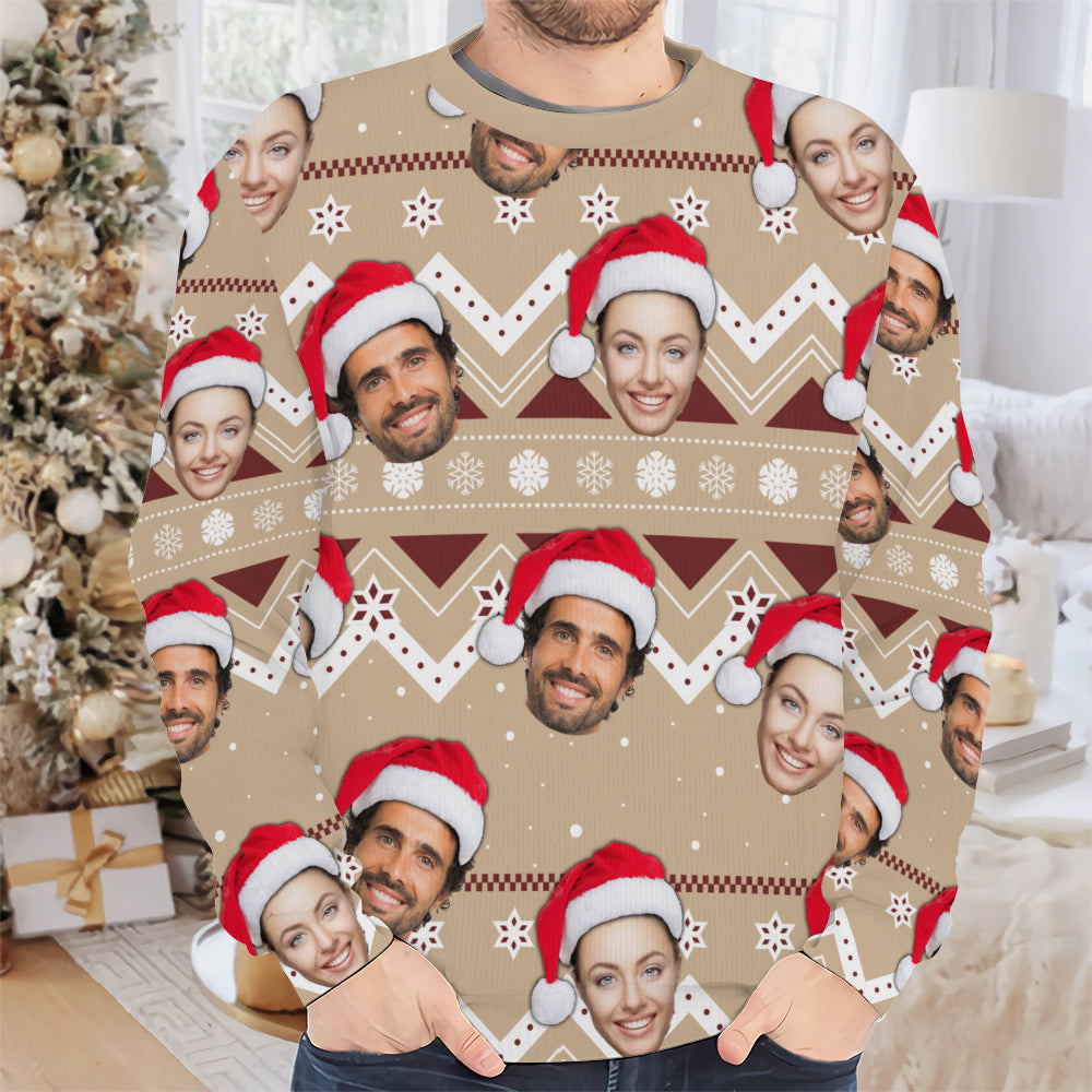 Model wearing custom face ugly Christmas sweater with tan and burgundy Fair Isle snowflake pattern.