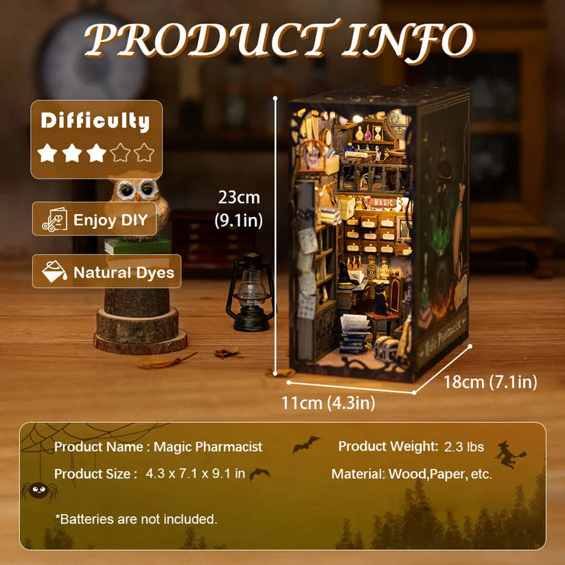 Product info graphic showing dimensions and difficulty stars for the wizard pharmacist book nook.