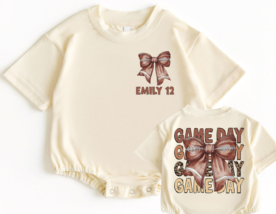 Personalization Romper Baby Bow Game Day Football - Personalized Custom Babysuit - Gift For Baby - LuthCreative