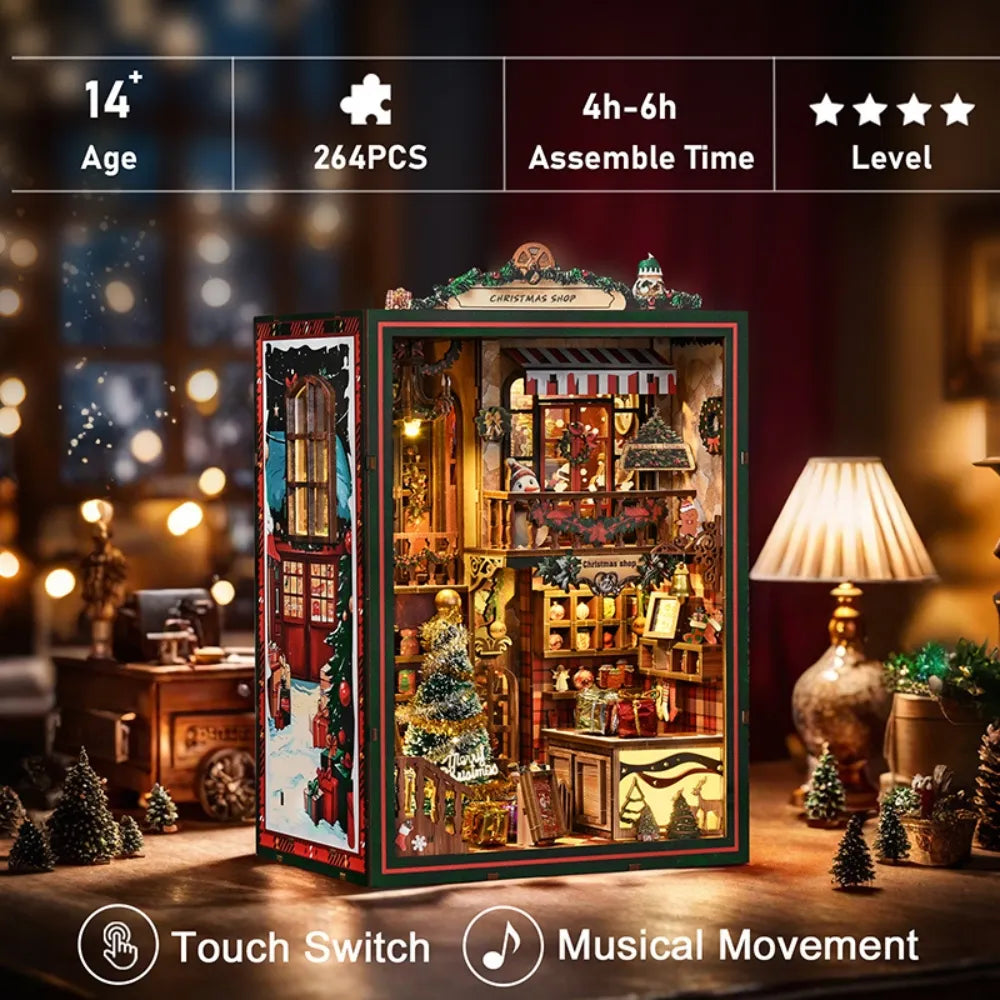 Festive holiday miniature book nook kit display featuring touch switch and musical movement specs at top and bottom.
