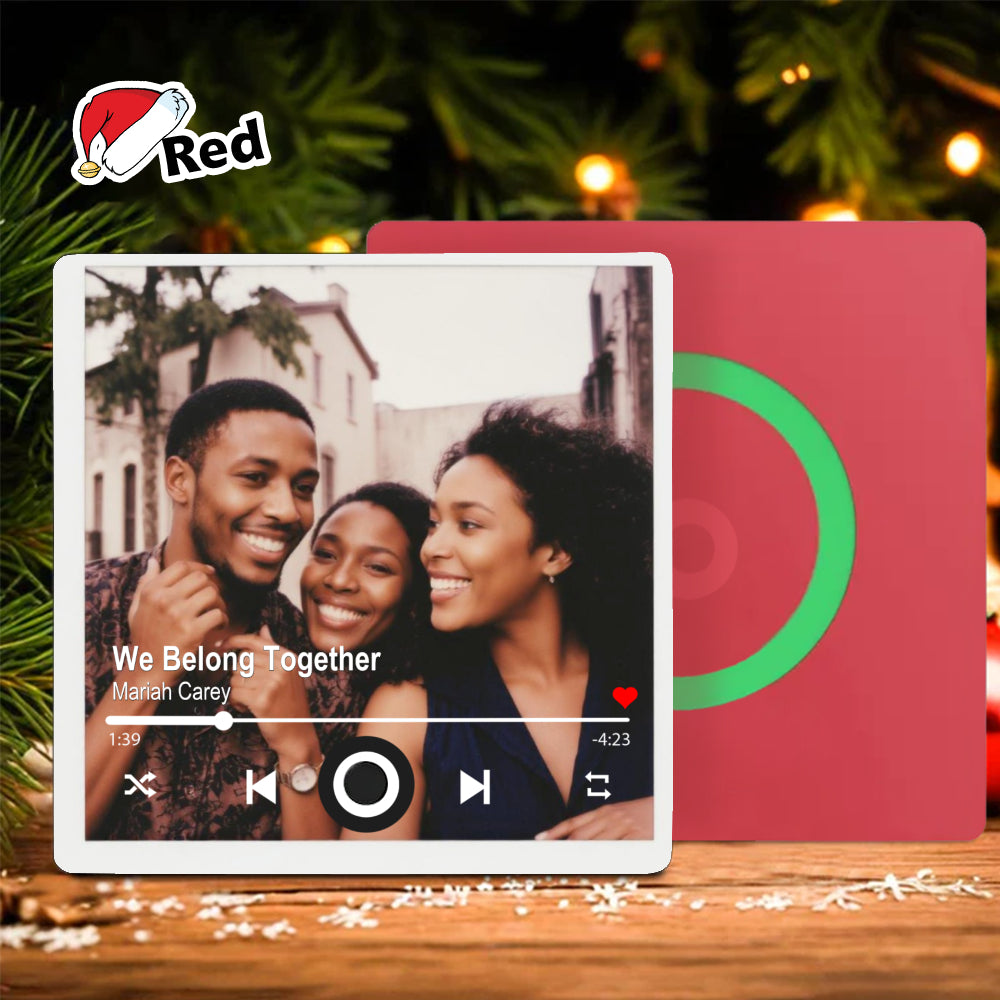 Custom Photo Musical Fridge Magnet in red with a personalized song and photo display