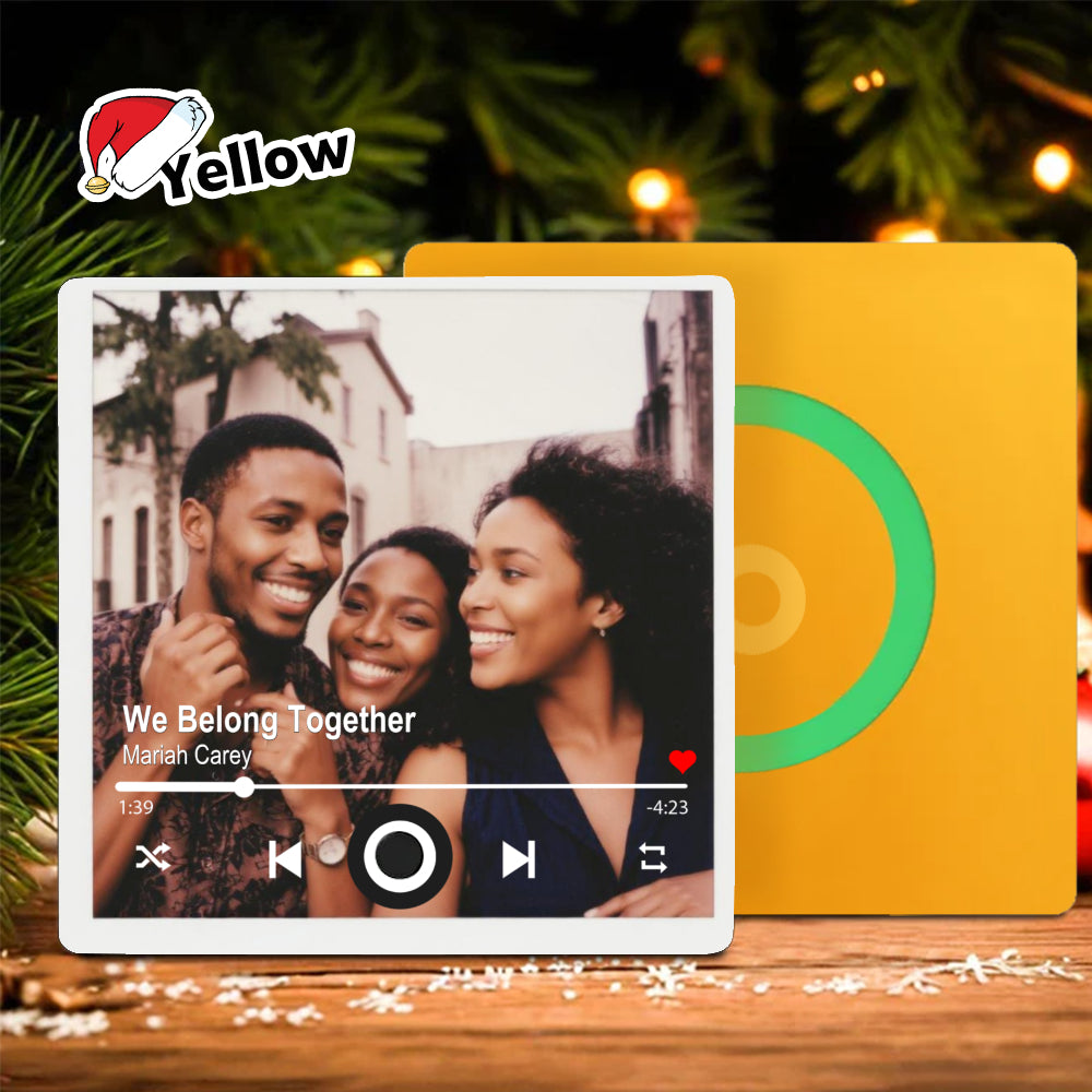Custom Photo Musical Fridge Magnet in yellow option against a festive holiday background