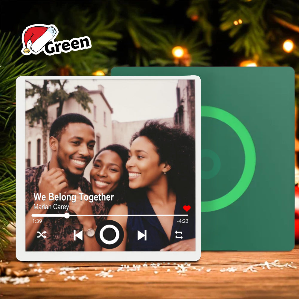 Custom Photo Musical Fridge Magnet in dark green display with a custom photo and track list