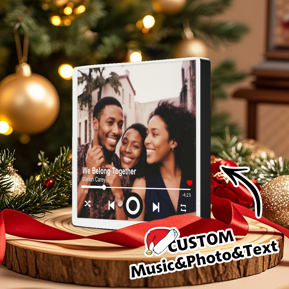 Custom Photo Musical Fridge Magnet showcasing a couple and a friend on a music player interface