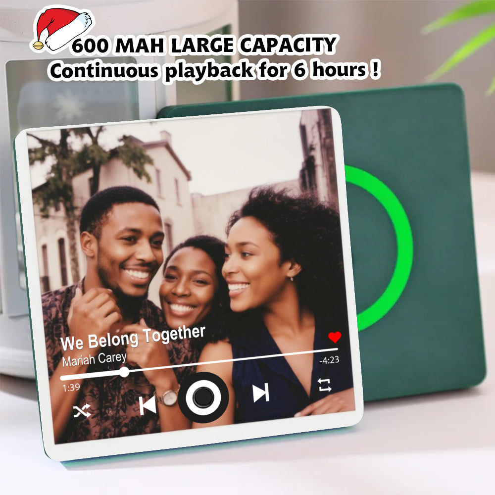 Custom Photo Musical Fridge Magnet featuring green backing and rechargeable battery capacity text