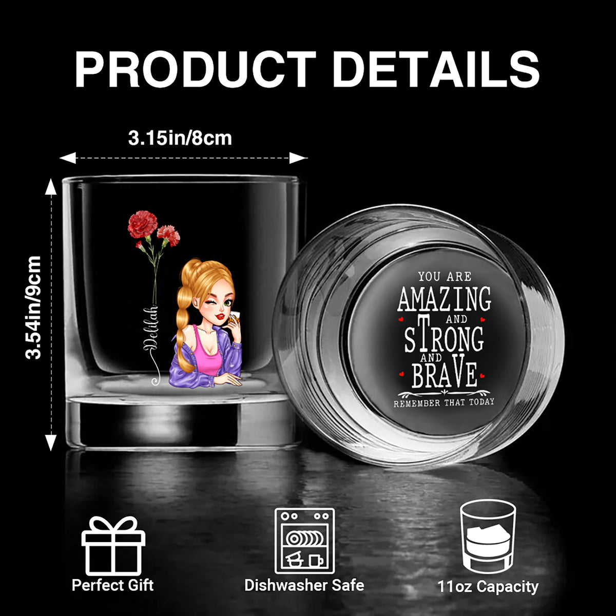 Product details graphic of an 11oz whiskey glass featuring dimensions, a winking girl illustration, red carnations, and text.