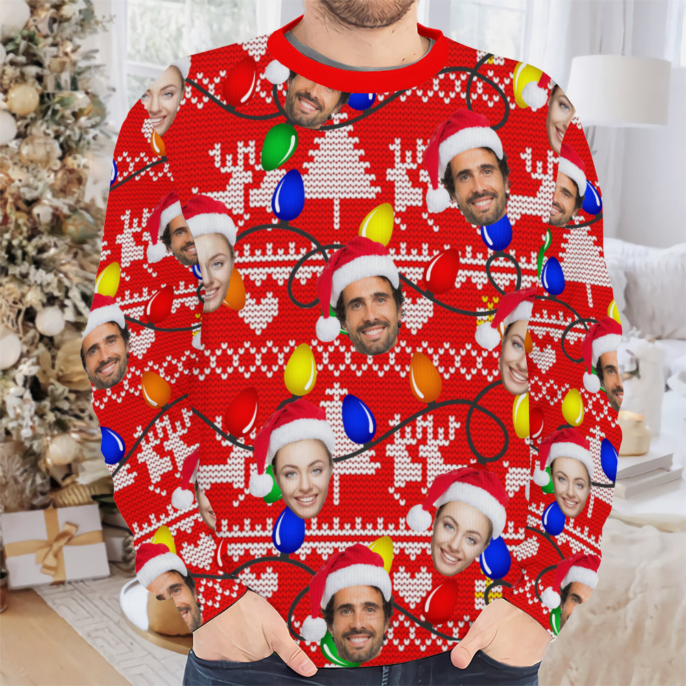Close-up of the red crewneck sweater featuring all-over printed custom faces in Santa hats and colorful string lights.