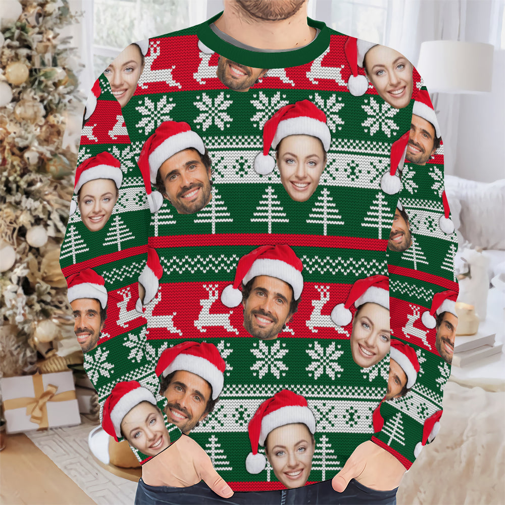 A person wearing the custom ugly Christmas sweater in a decorated room with a Christmas tree and gifts.
