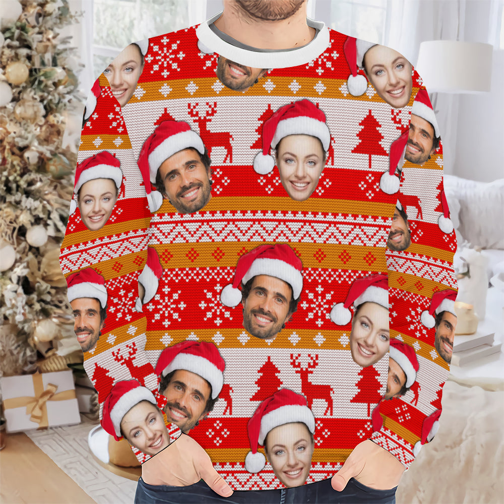 Front view of a custom face crewneck sweater laid flat against a white furry background surrounded by wrapped holiday gift