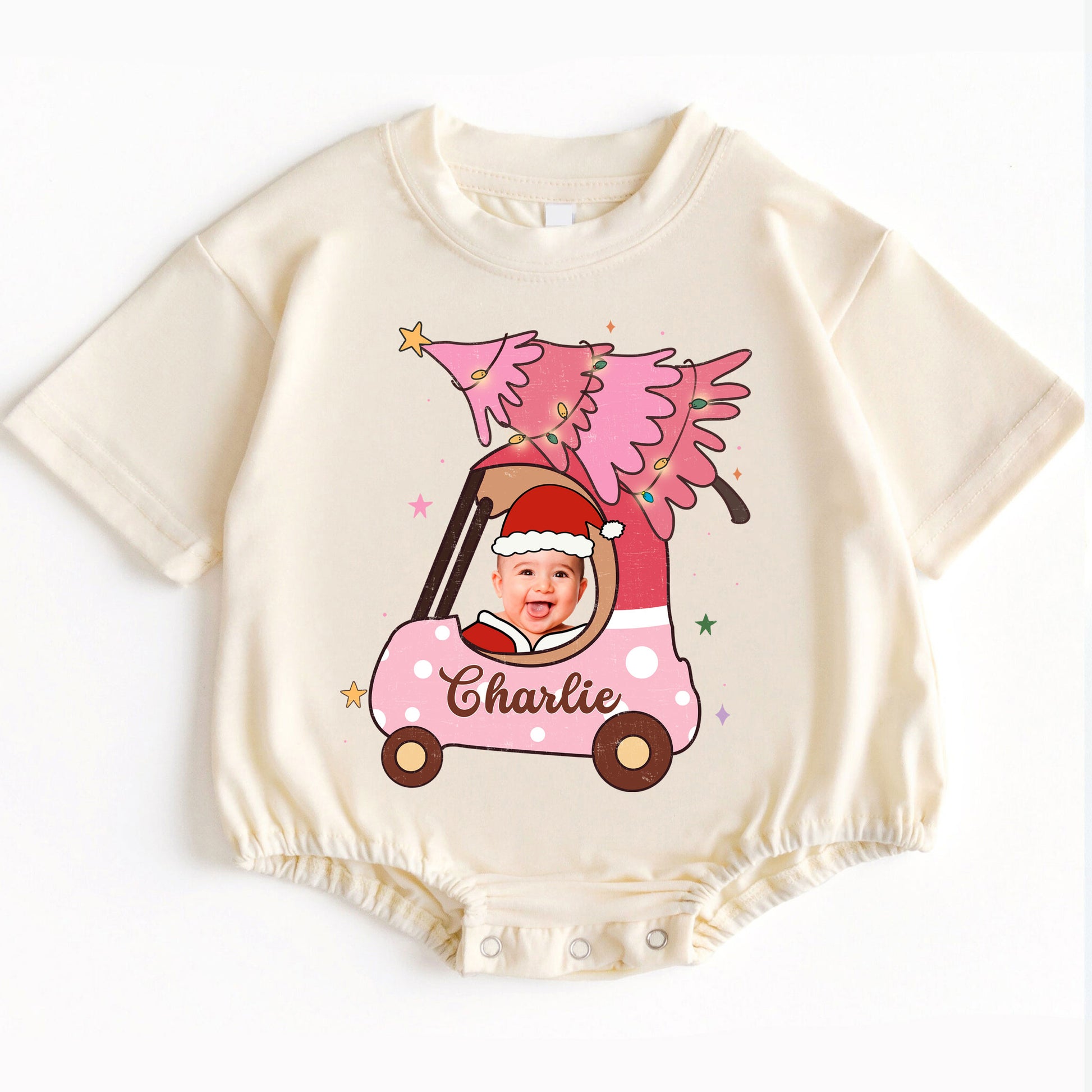 Personalization Romper Baby Pink Car - Christmas Custom Photo Babysuit - Gift For Baby - LuthCreative