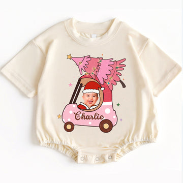 Personalization Romper Baby Pink Car - Christmas Custom Photo Babysuit - Gift For Baby - LuthCreative