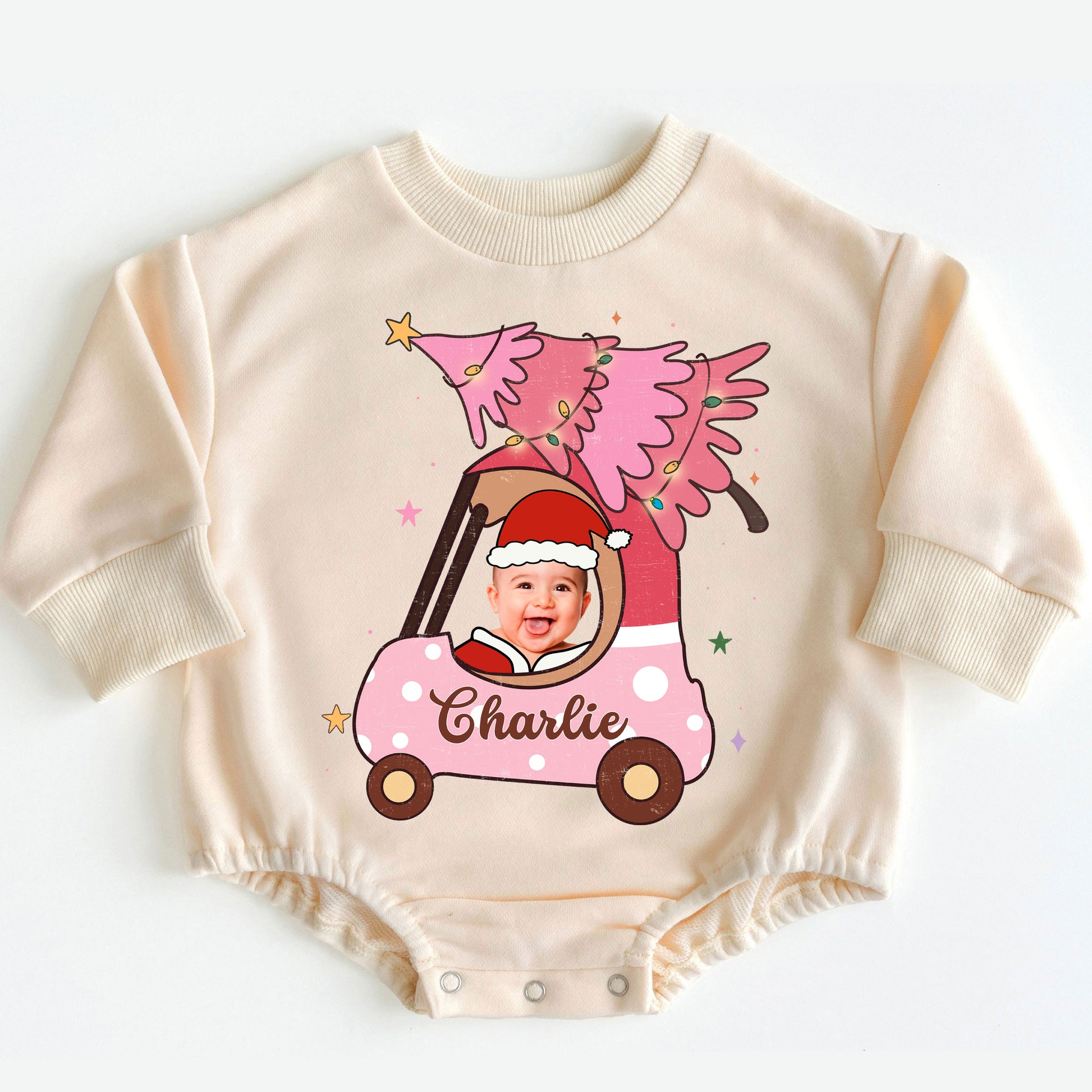 Personalization Romper Baby Pink Car - Christmas Custom Photo Babysuit - Gift For Baby - LuthCreative