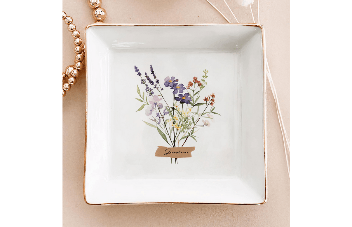 Personalized Ring Dish Customized Name and Flower Ceramic Jewelry Tray - LuthCreative