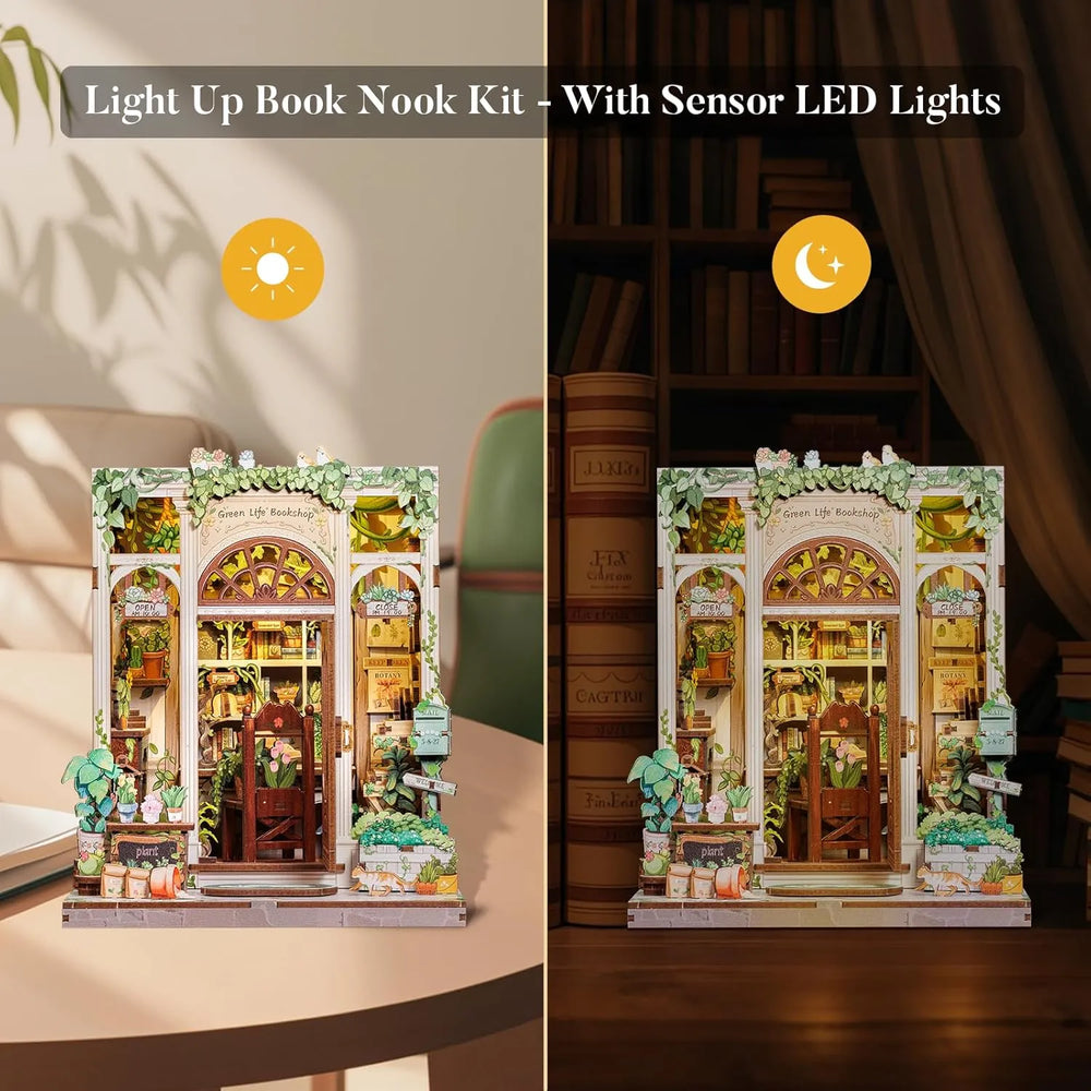 Comparison of the book nook kit with sensor LED lights switched on during day and night settings.