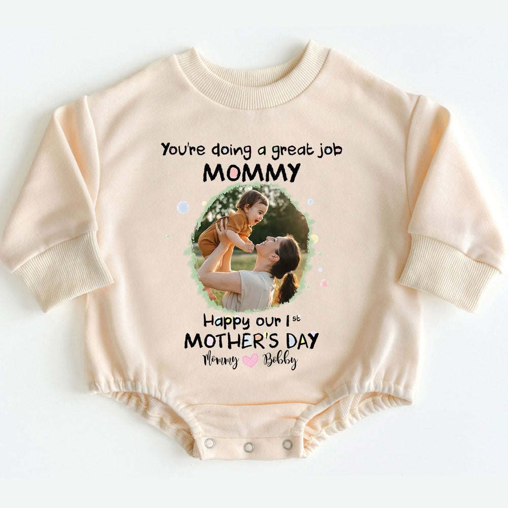 Beige long sleeve baby romper featuring personalized Mother's Day photo and message.