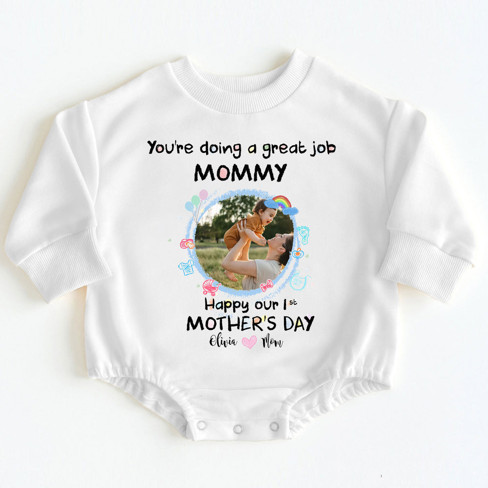 White long-sleeve baby romper with a personalized photo of a mom and baby, custom text You're Doing A Great Job Mommy Happy