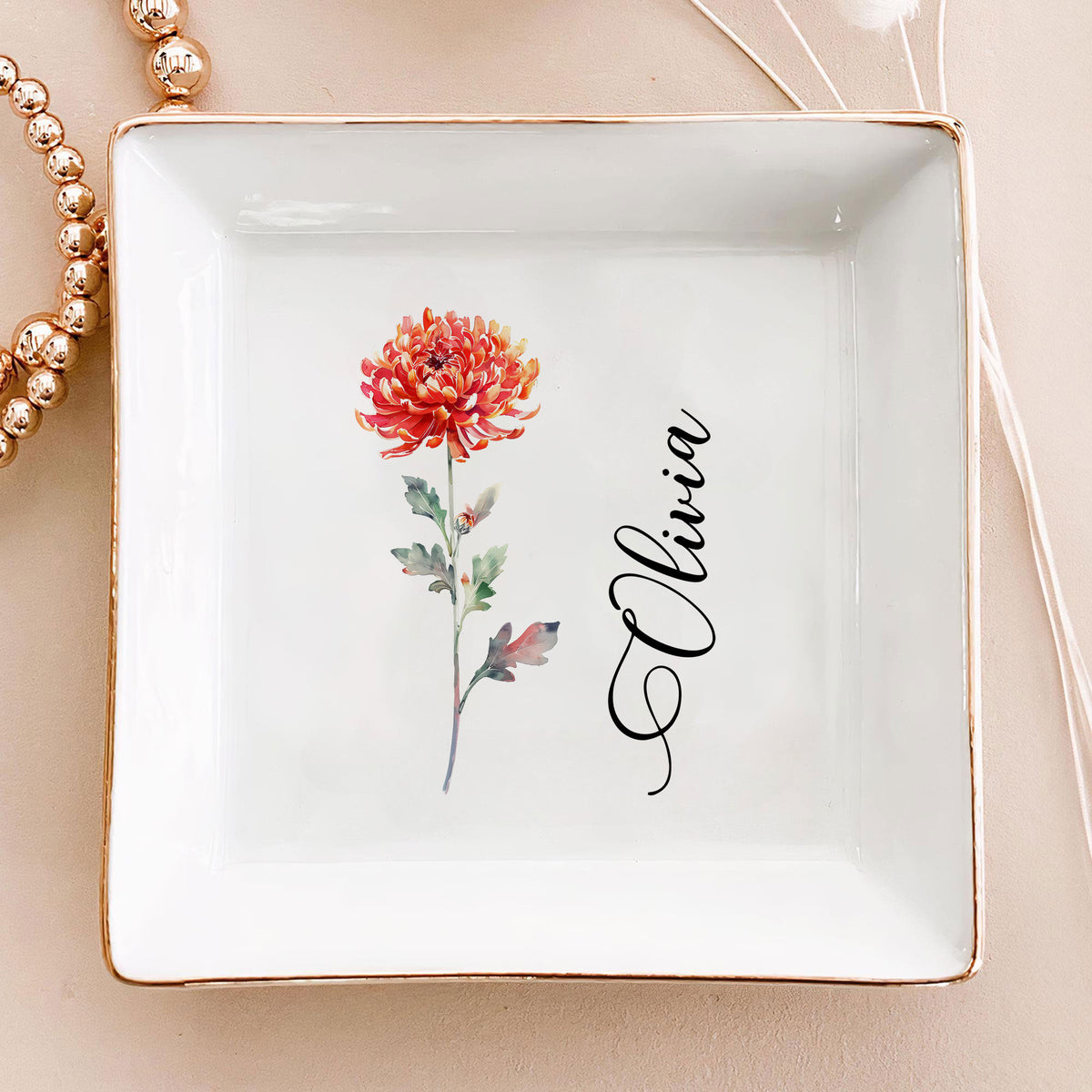 Personalized Ring Dish Customized Name and Flower Ceramic Jewelry Tray - LuthCreative