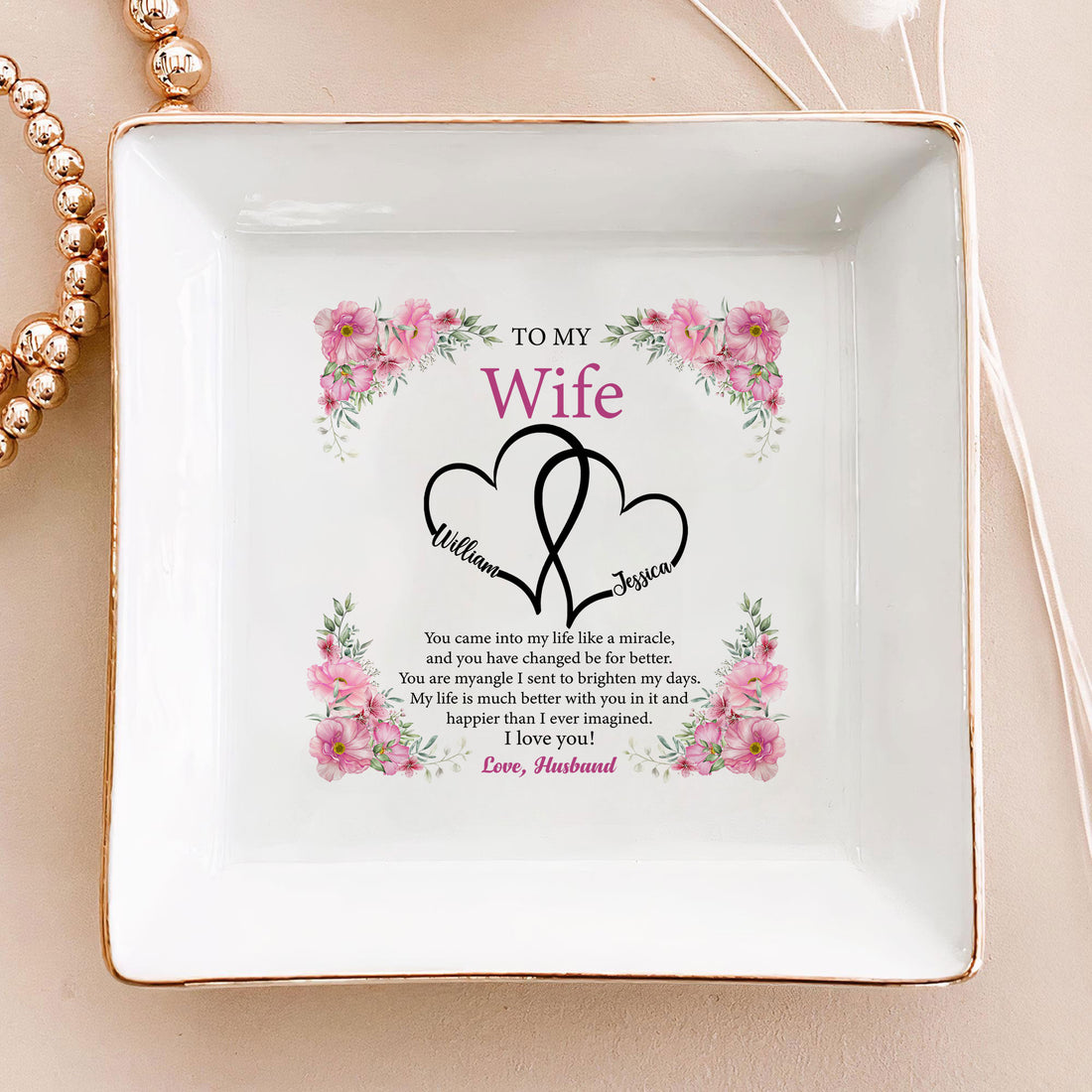 Personalized Ring Dish - 'To My Wife' Wedding Gift - Floral Wedding Jewelry Trays - Wedding Heart Ring Dish - LuthCreative