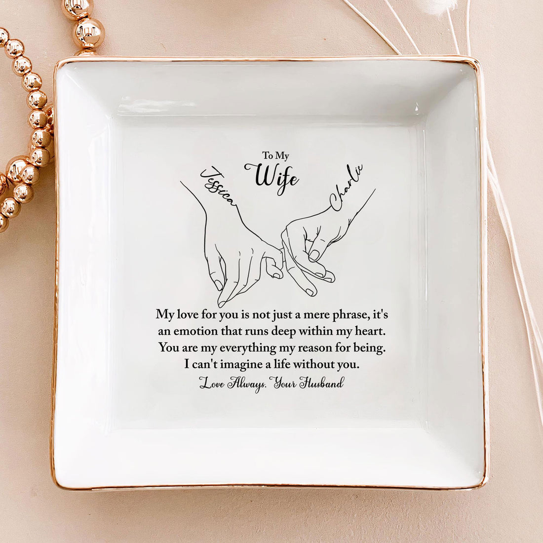 To My Beautiful Wife' Custom Jewelry Dish - Personalized Wedding Ring Holder - Romantic Bridal Gift - LuthCreative