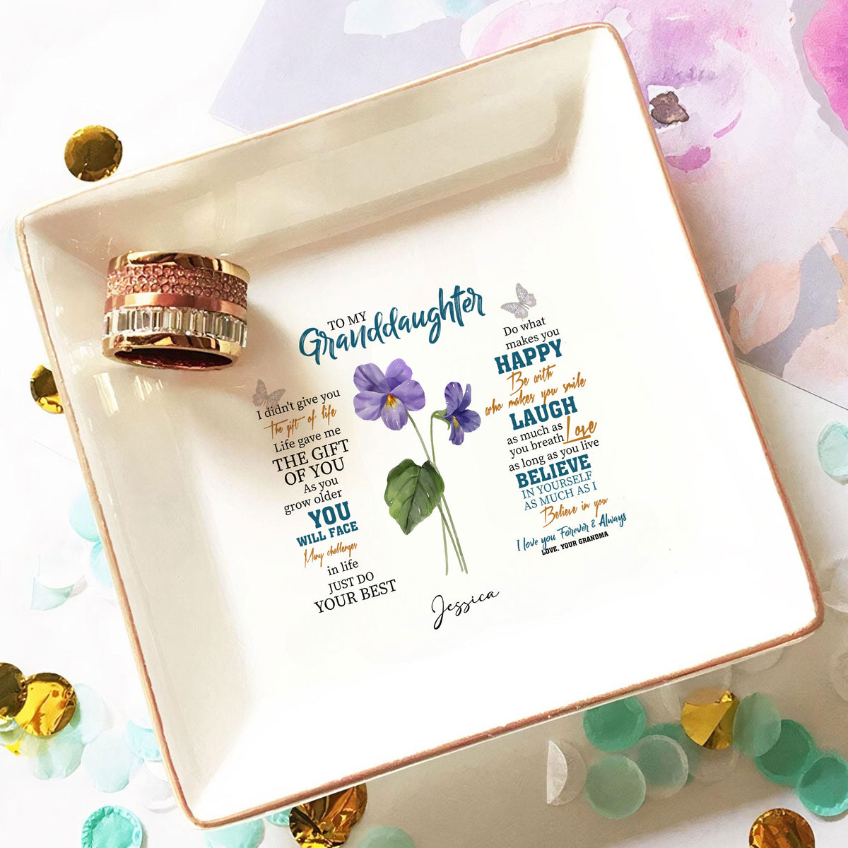 Personalized Ring Dish To My Granddaughter Customized Ceramic Jewelry Tray, Gift For Granddaughter, Wedding Gift - LuthCreative