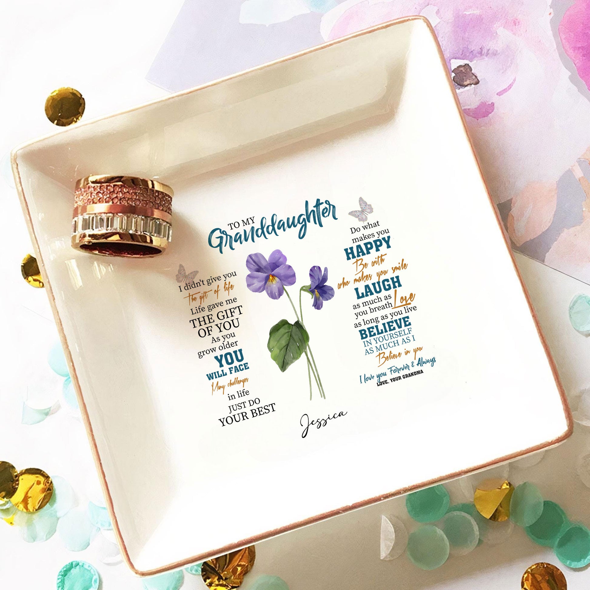 Personalized Ring Dish To My Granddaughter Customized Ceramic Jewelry Tray, Gift For Granddaughter, Wedding Gift - LuthCreative