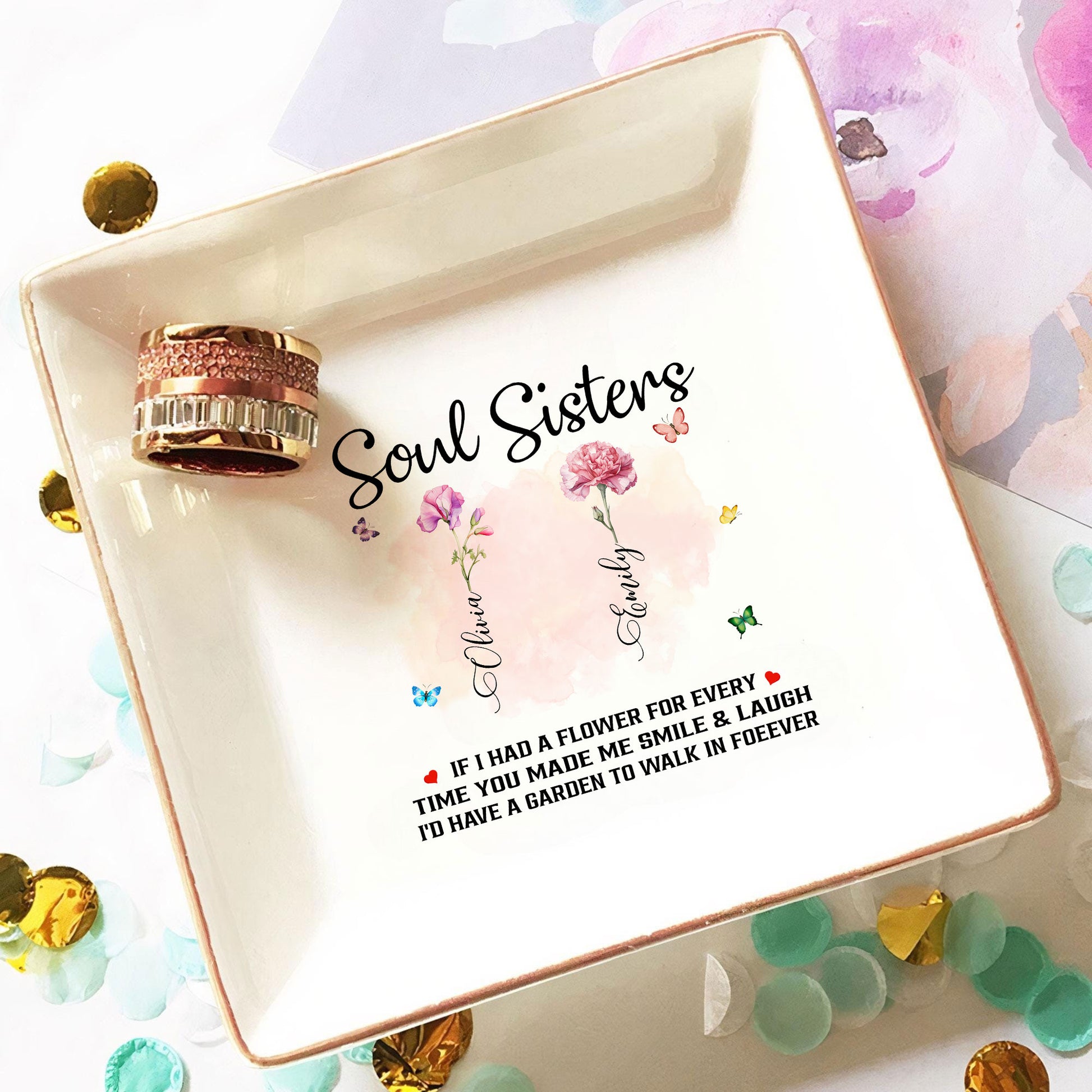 Personalized Gift Sister Forever Jewelry Dish, Sister Birthday Month Flower Garden Jewelry Holder - LuthCreative