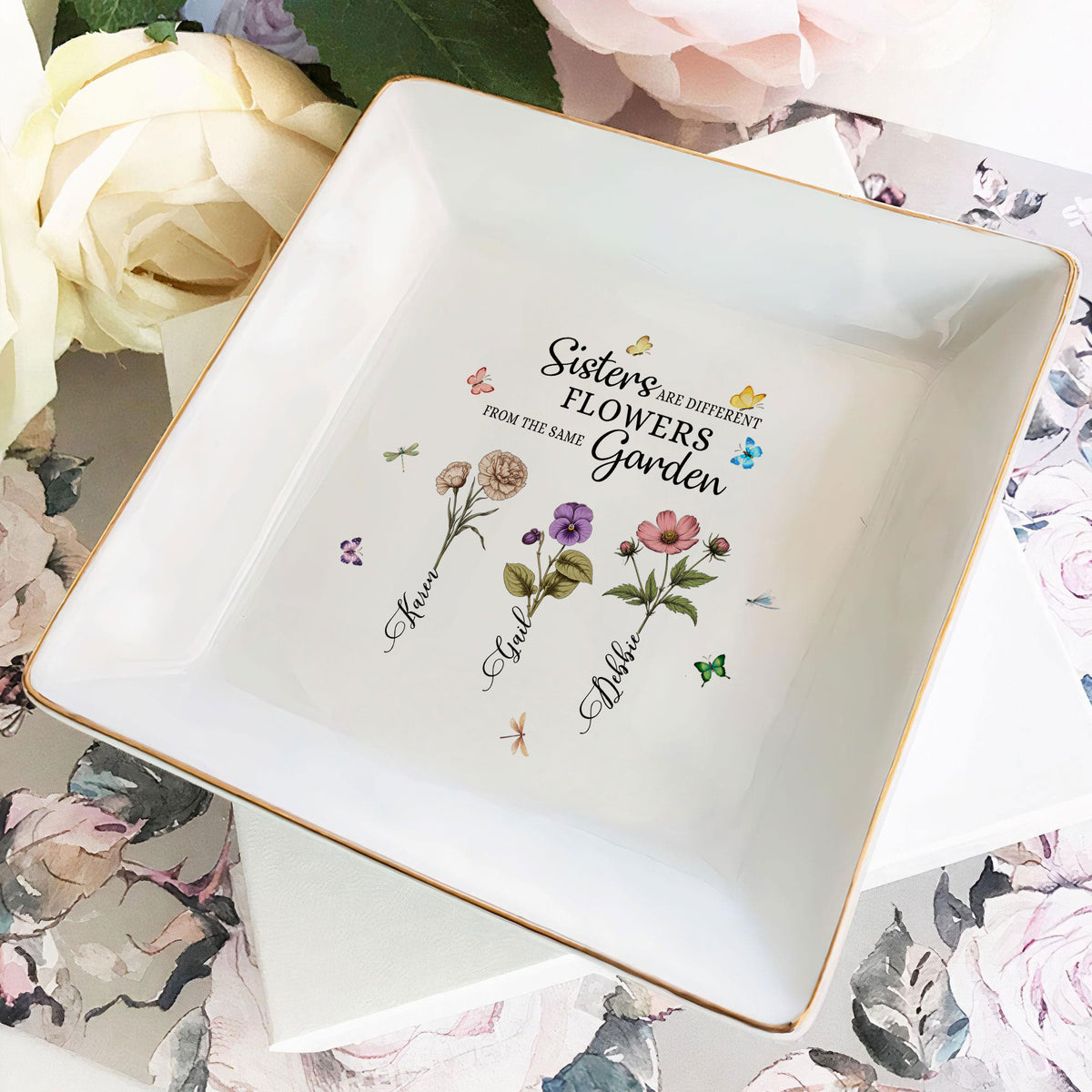 Personalized Jewelry Dish Sisters Are Diferent Flowers From The Same Garden Customized Gift for Sisters, Wedding Gift - LuthCreative