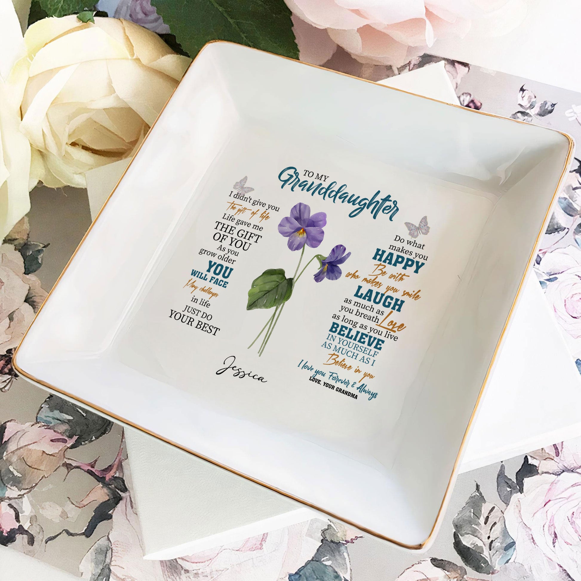 Personalized Ring Dish To My Granddaughter Customized Ceramic Jewelry Tray, Gift For Granddaughter, Wedding Gift - LuthCreative