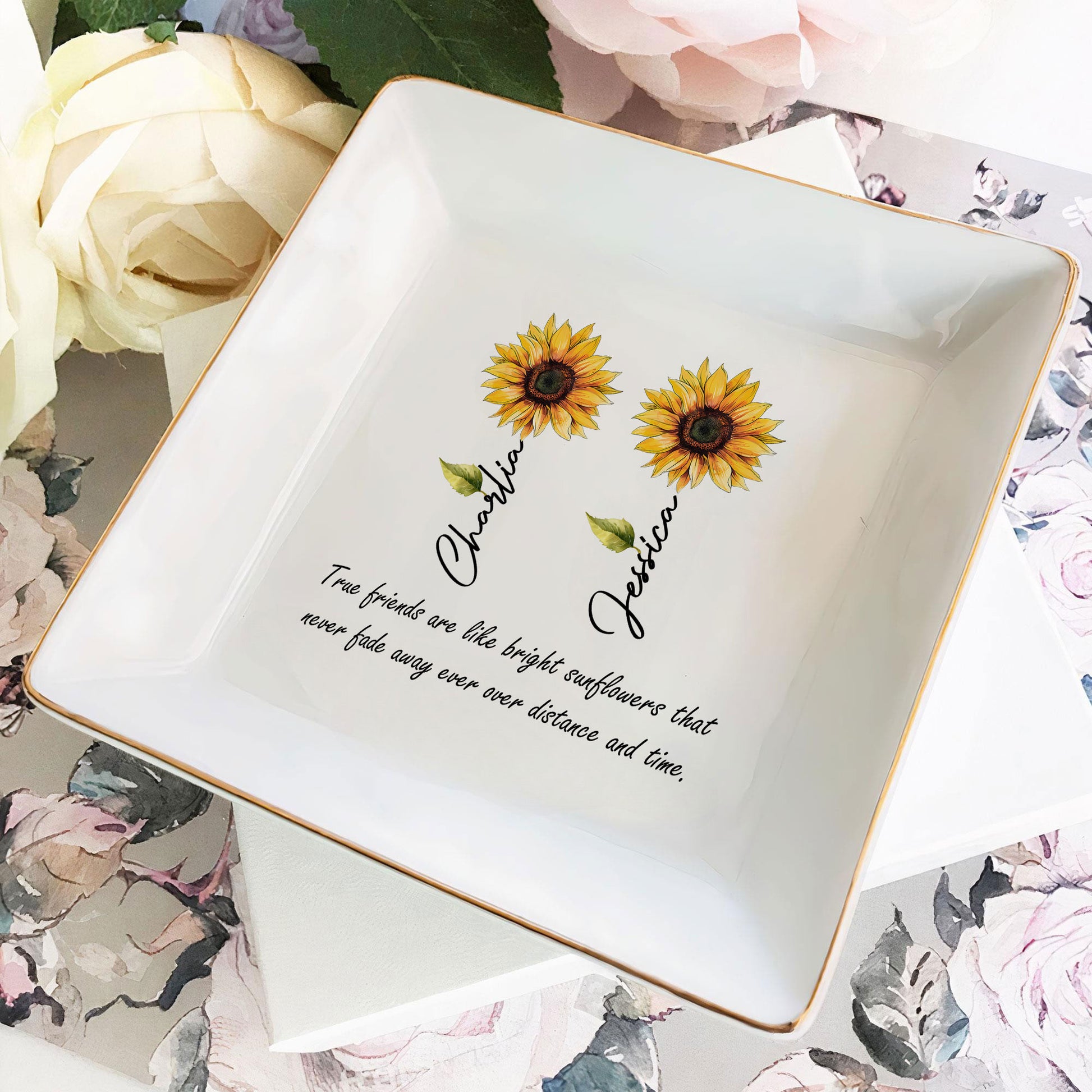 Personalized Gift True Friends Are Like Bright Sunflower Ring Dish-Gift For Best Friend-Bestie Gift-Custom Jewelry Tray-Ring Holder - LuthCreative