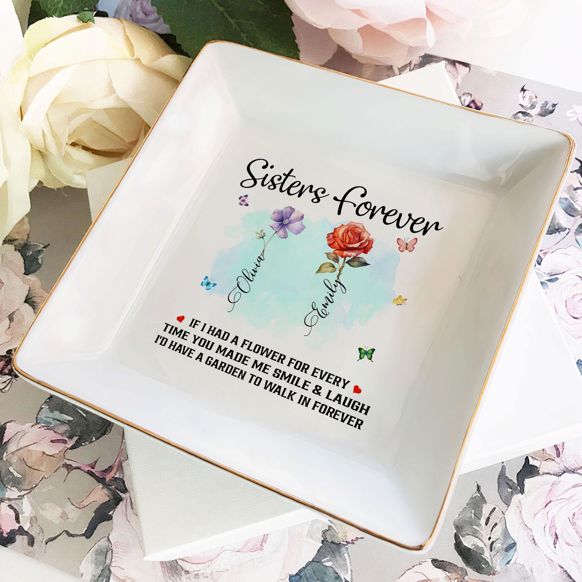 Personalized Gift Sister Forever Jewelry Dish, Sister Birthday Month Flower Garden Jewelry Holder - LuthCreative