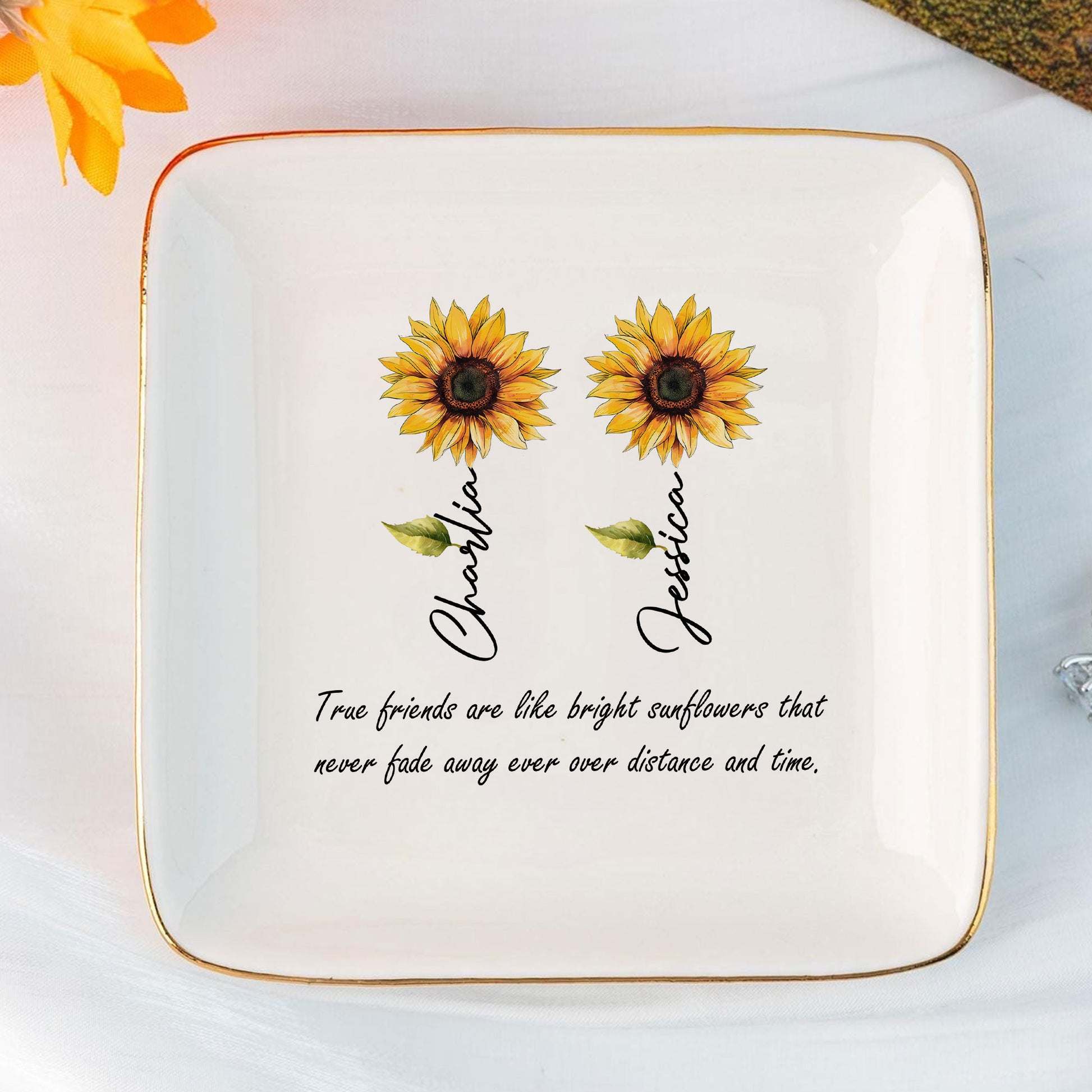 Personalized Gift True Friends Are Like Bright Sunflower Ring Dish-Gift For Best Friend-Bestie Gift-Custom Jewelry Tray-Ring Holder - LuthCreative