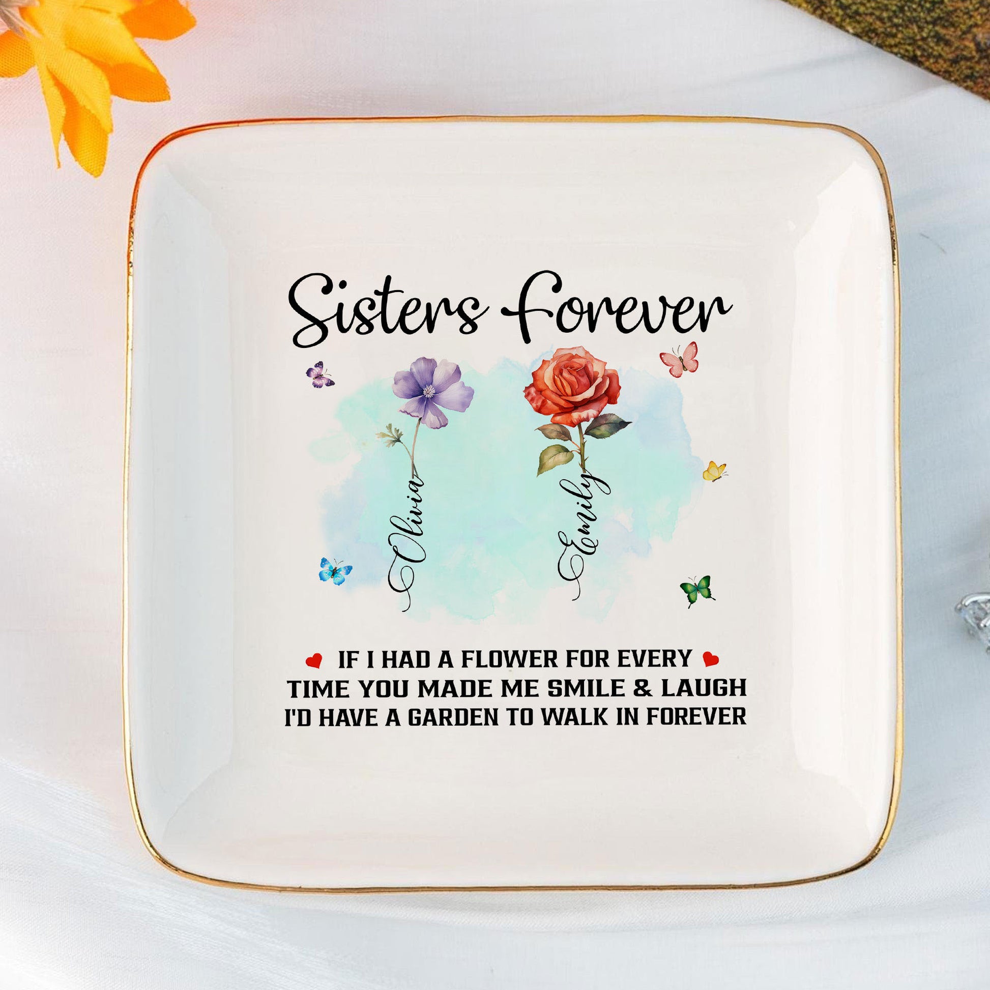 Personalized Gift Sister Forever Jewelry Dish, Sister Birthday Month Flower Garden Jewelry Holder - LuthCreative