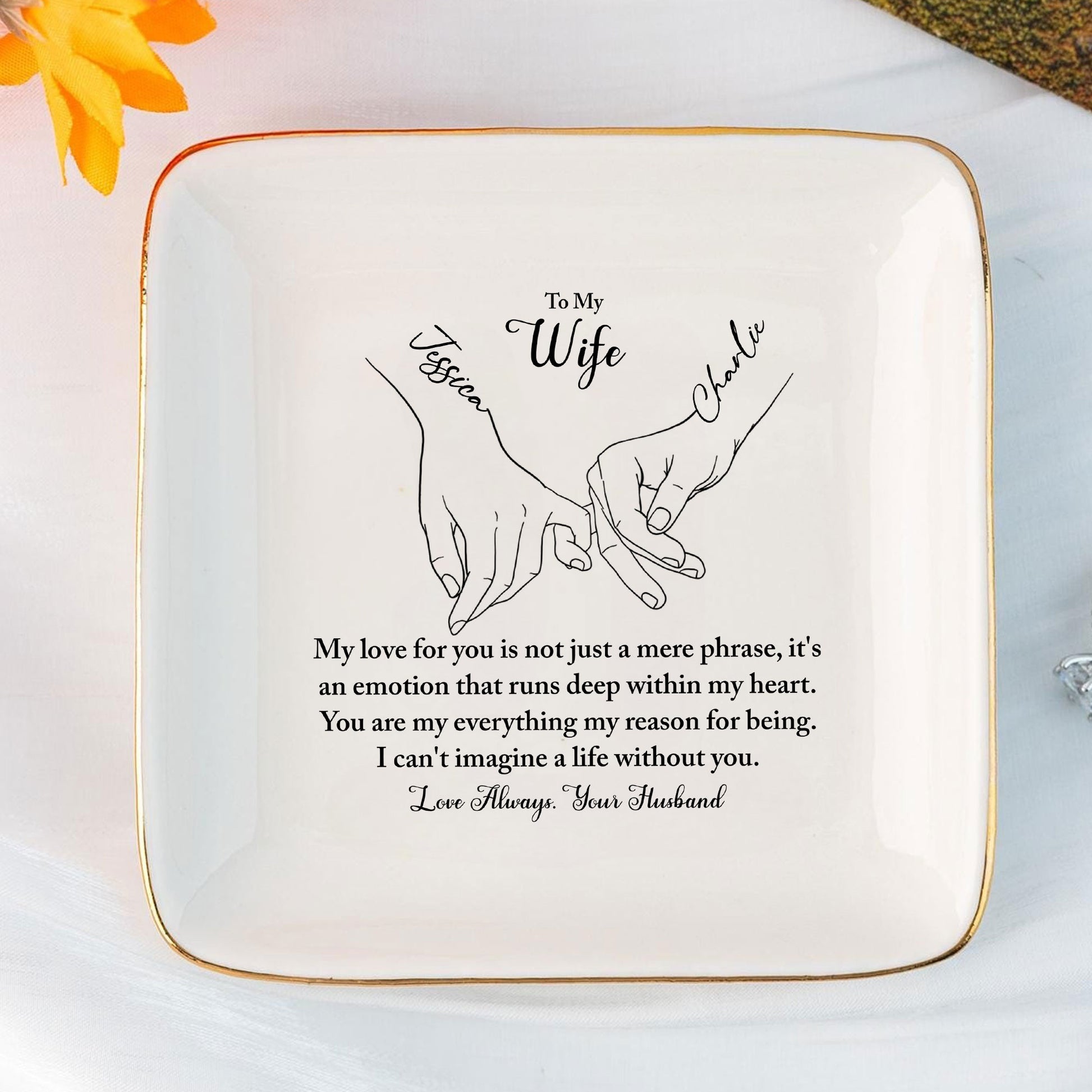 To My Beautiful Wife' Custom Jewelry Dish - Personalized Wedding Ring Holder - Romantic Bridal Gift - LuthCreative