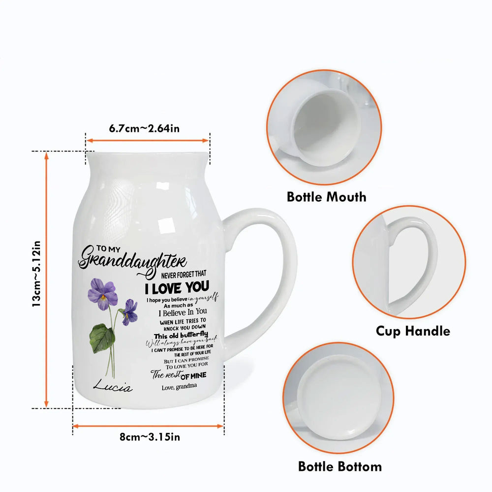 Size dimensions infographic for the custom ceramic vase showing height, width, handle, bottom, and mouth details.