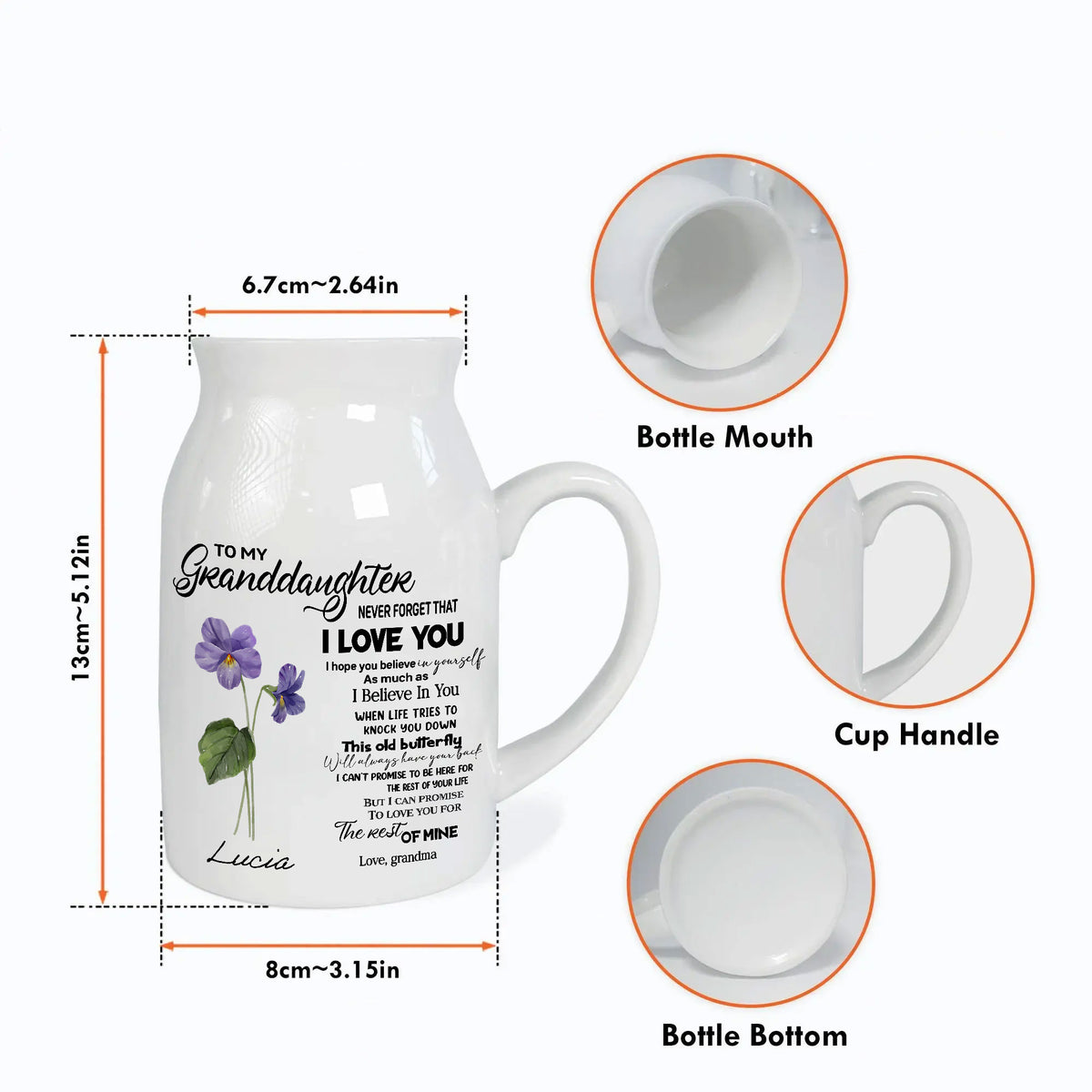 Size dimensions infographic for the custom ceramic vase showing height, width, handle, bottom, and mouth details.
