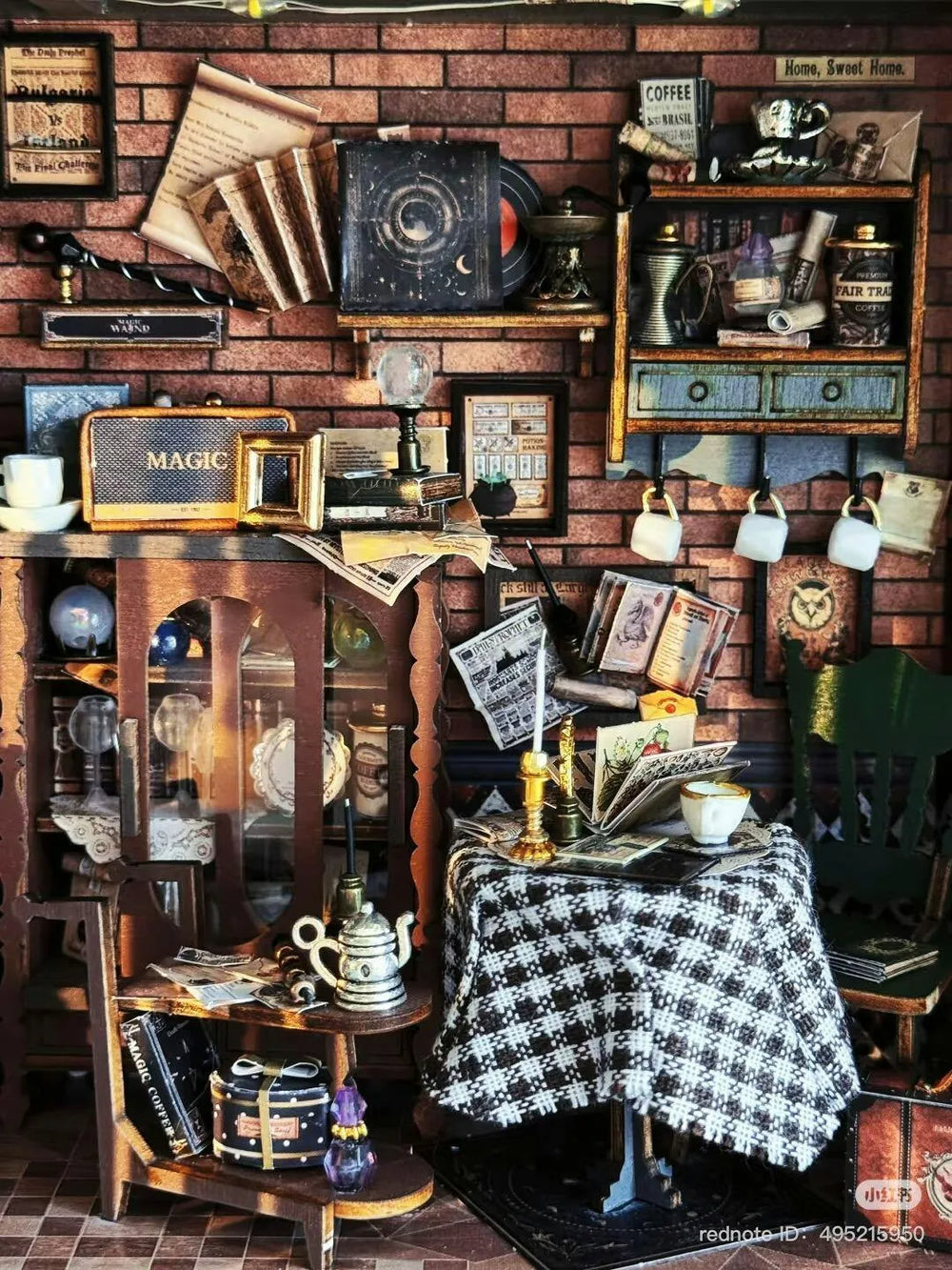 Miniature magic coffee shop kit interior featuring a brick wall, shelves with mini coffee mugs, and a table.