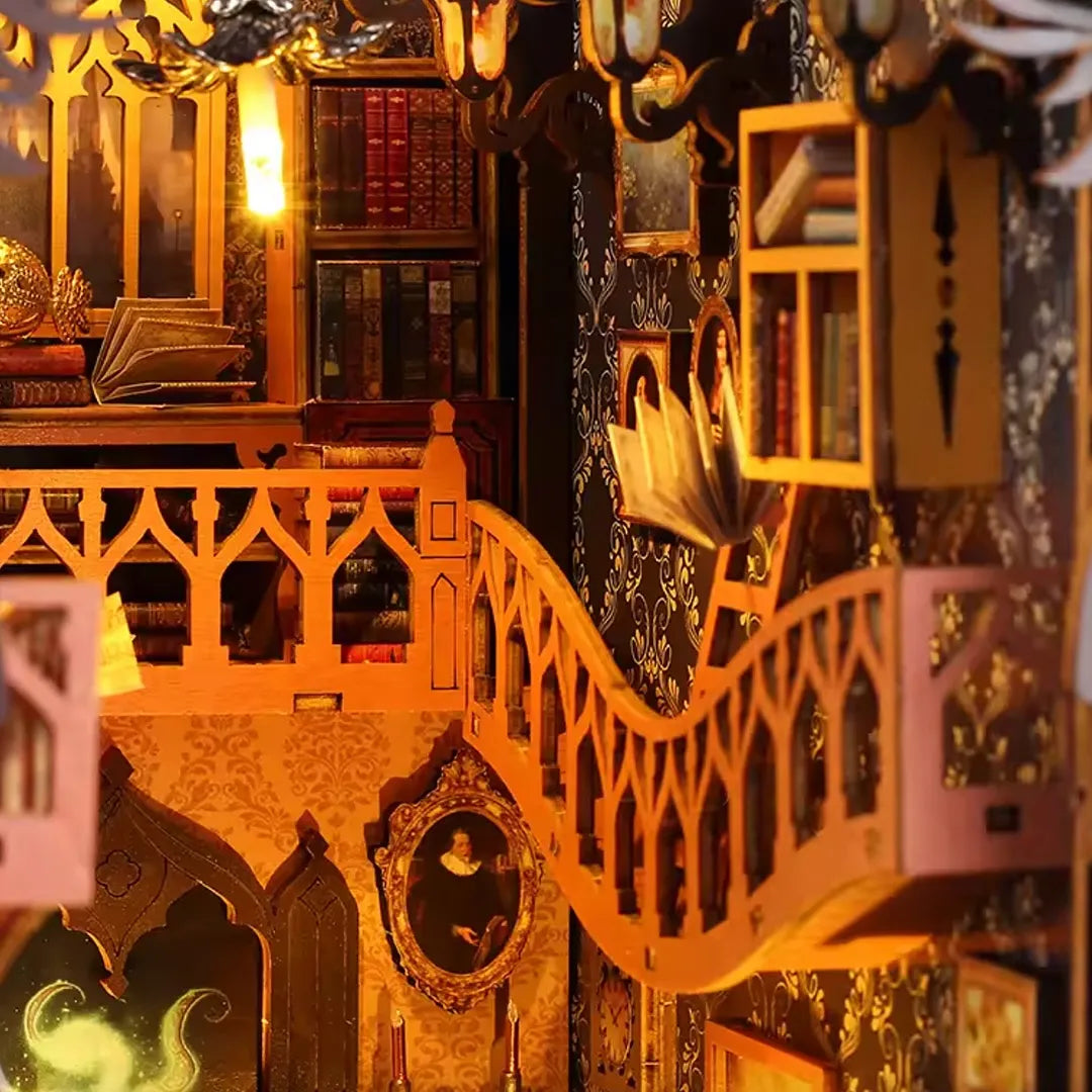 Overhead view of the library book nook kit showcasing its curved bridge staircase, detailed bookshelves, and patterned