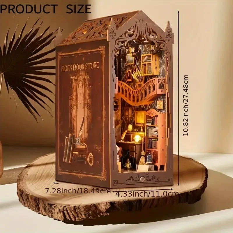 Nook Book Kit dimensions shown on a completed model displayed on a tree stump slice against a neutral background.